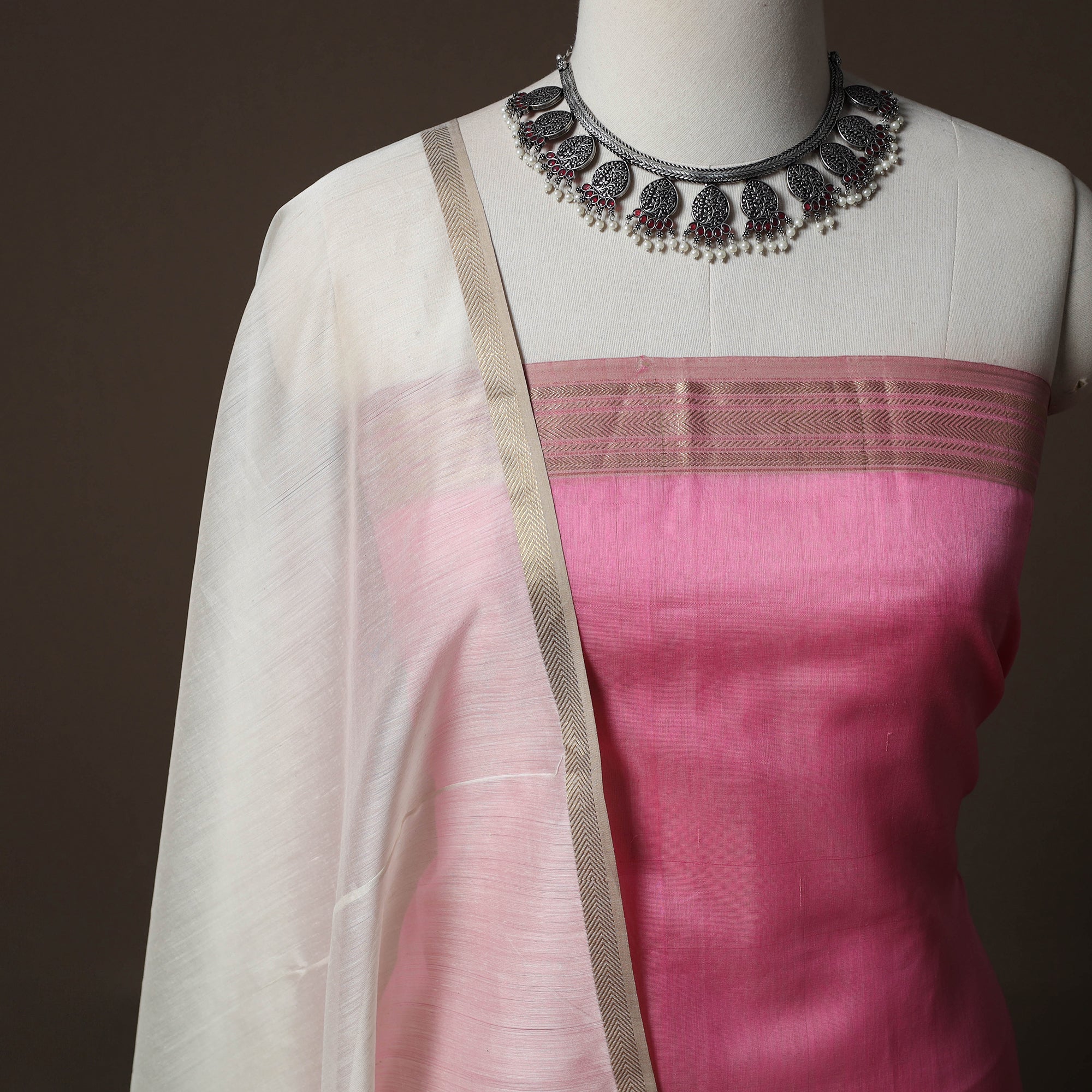Pink - 2pc Maheshwari Silk Handloom Unstitched Suit Material Set with Zari Border - Image 3