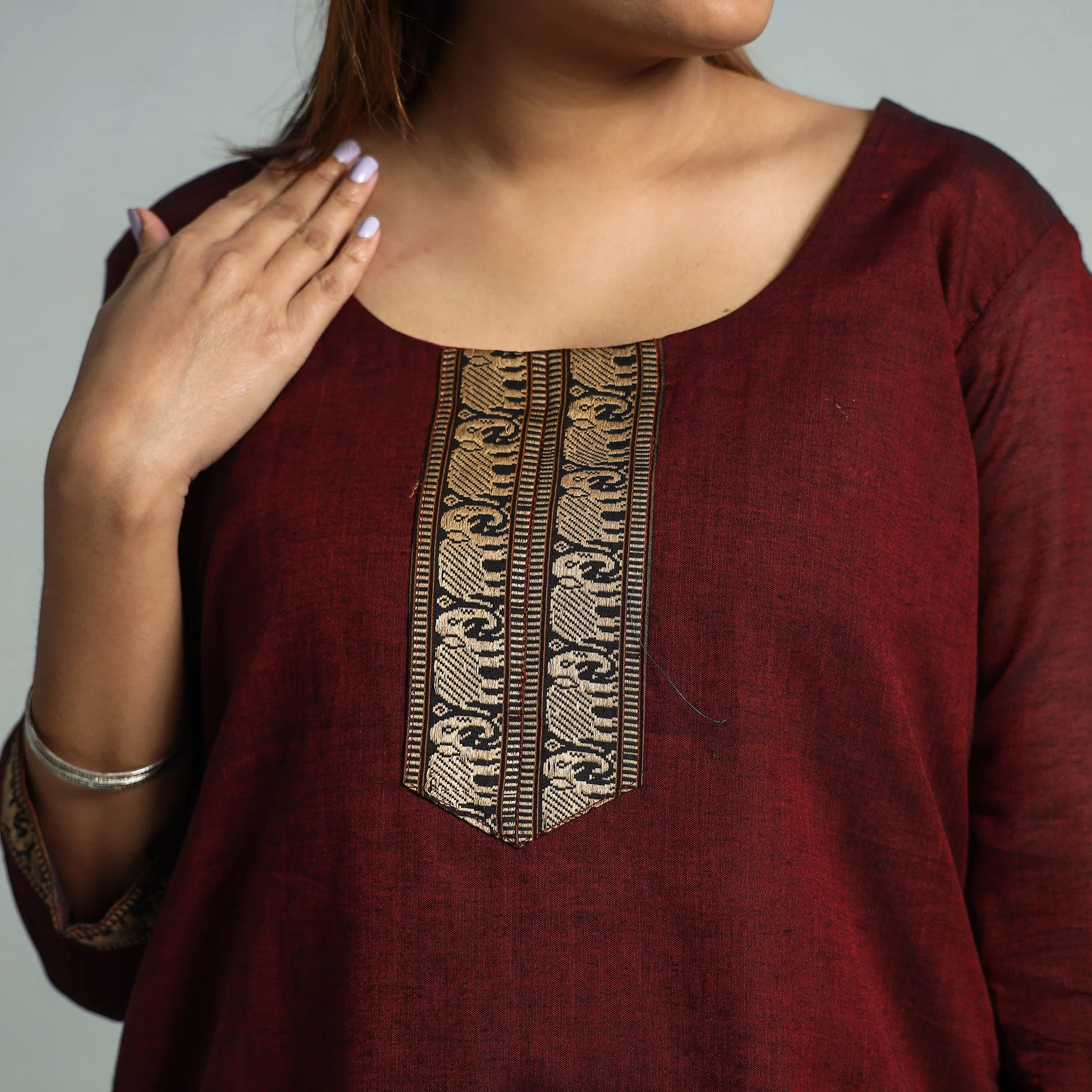 Maroon - Dharwad Cotton Kurta with Palazzo & Dupatta Set - Image 5