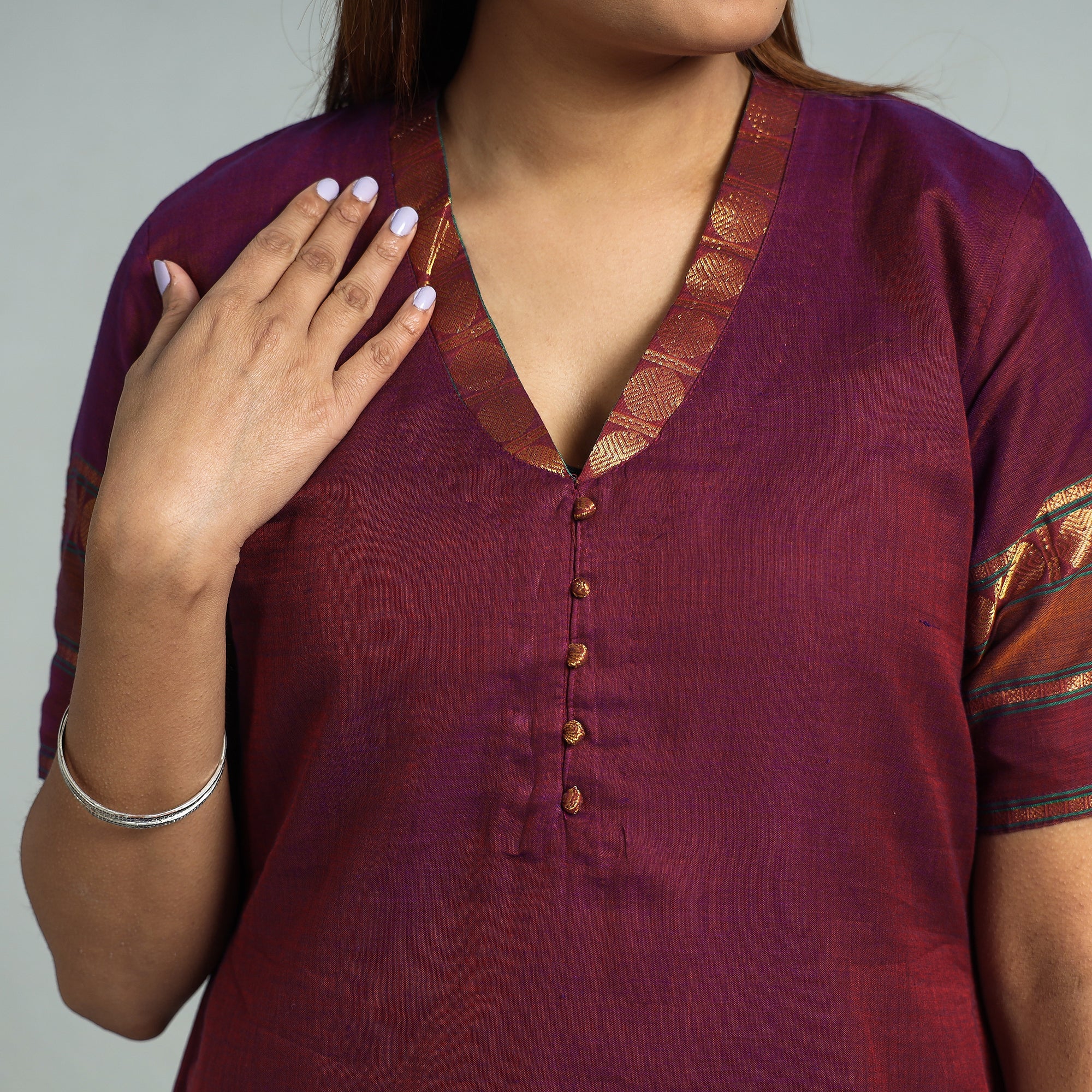 Purple - Maroon - Dharwad Cotton Kurta with Palazzo & Dupatta Set - Image 5