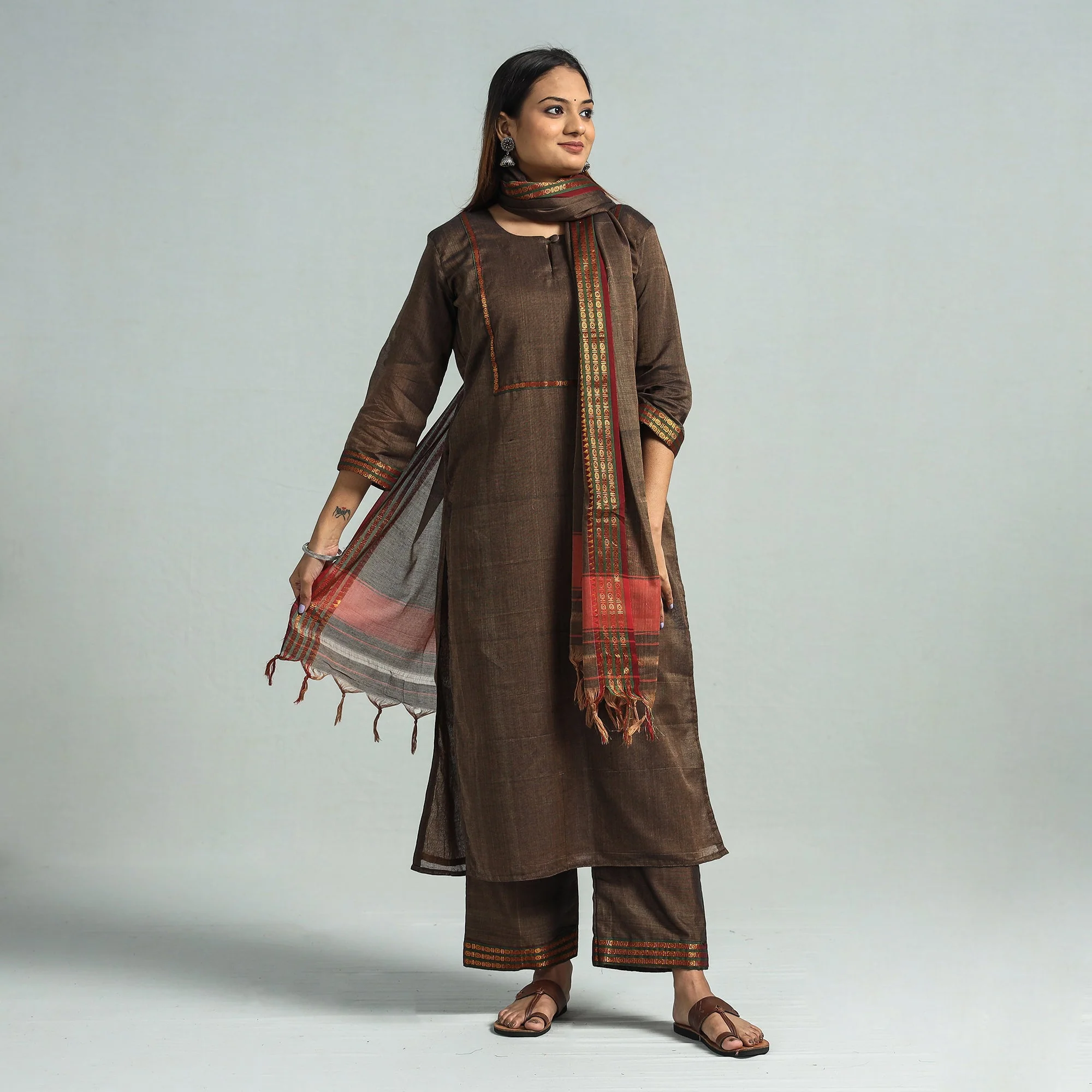 Dark Brown - Dharwad Cotton Kurta with Palazzo & Dupatta Set - Image 2
