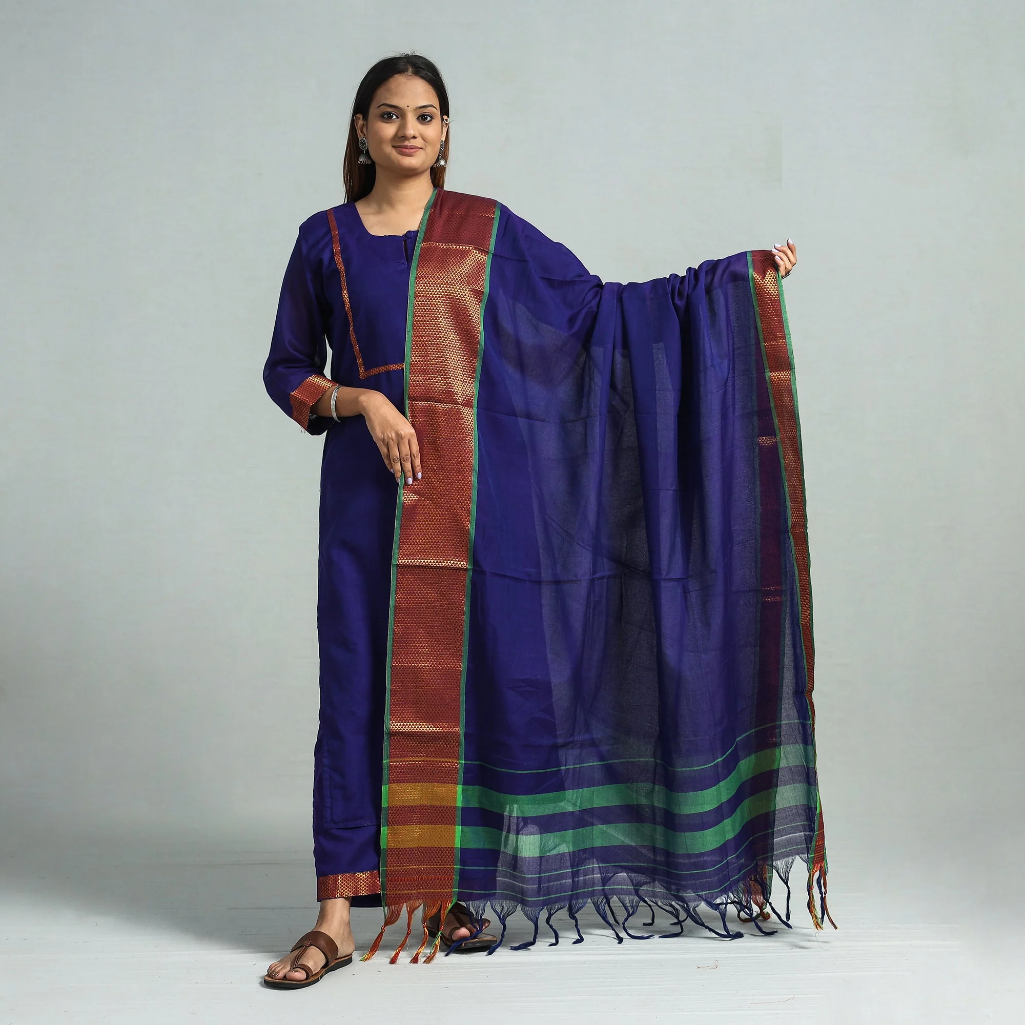 Dark Blue - Dharwad Cotton Kurta with Palazzo & Dupatta Set