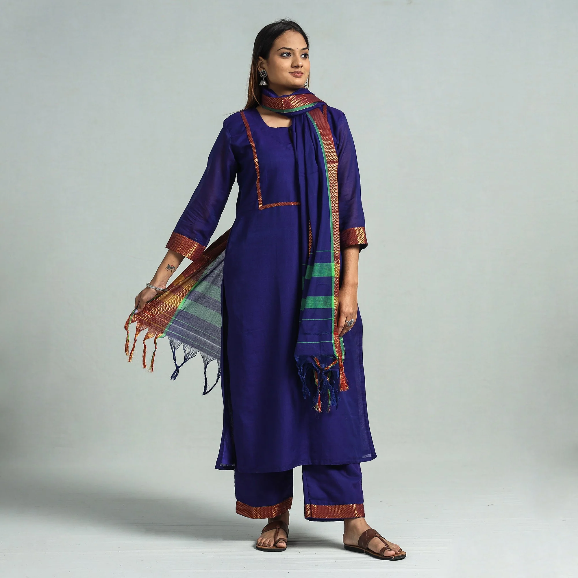 Dark Blue - Dharwad Cotton Kurta with Palazzo & Dupatta Set - Image 2