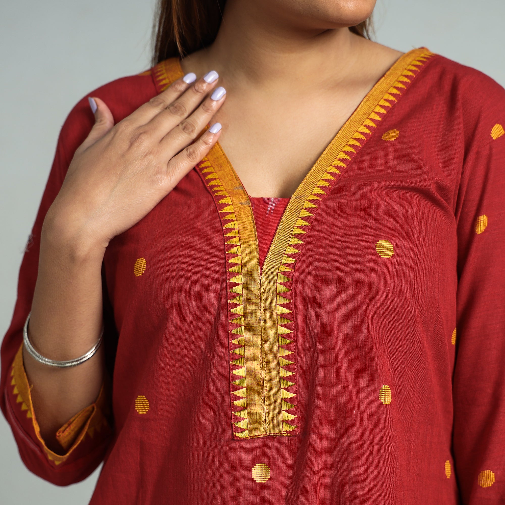 Red - Dharwad Cotton Kurta with Palazzo & Dupatta Set - Image 5