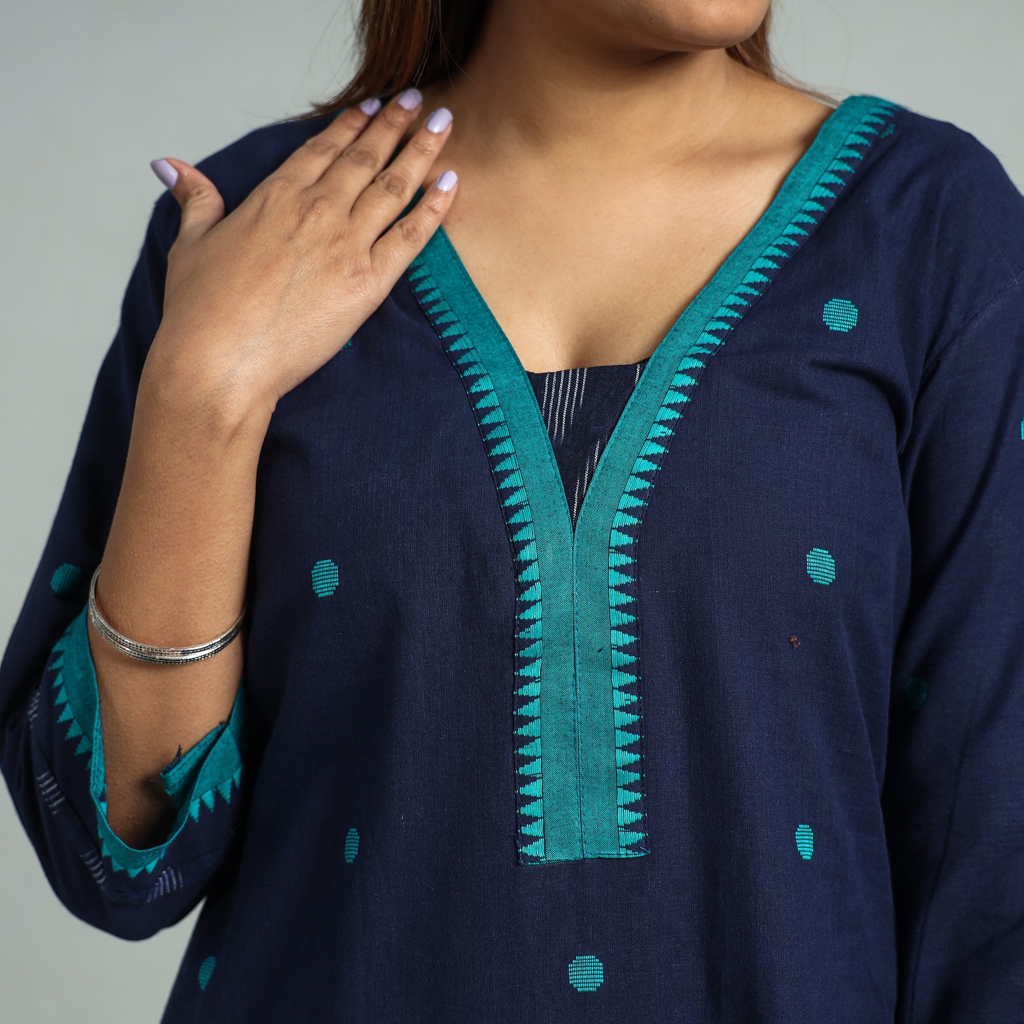 Navy Blue - Dharwad Cotton Kurta with Palazzo & Dupatta Set - Image 5