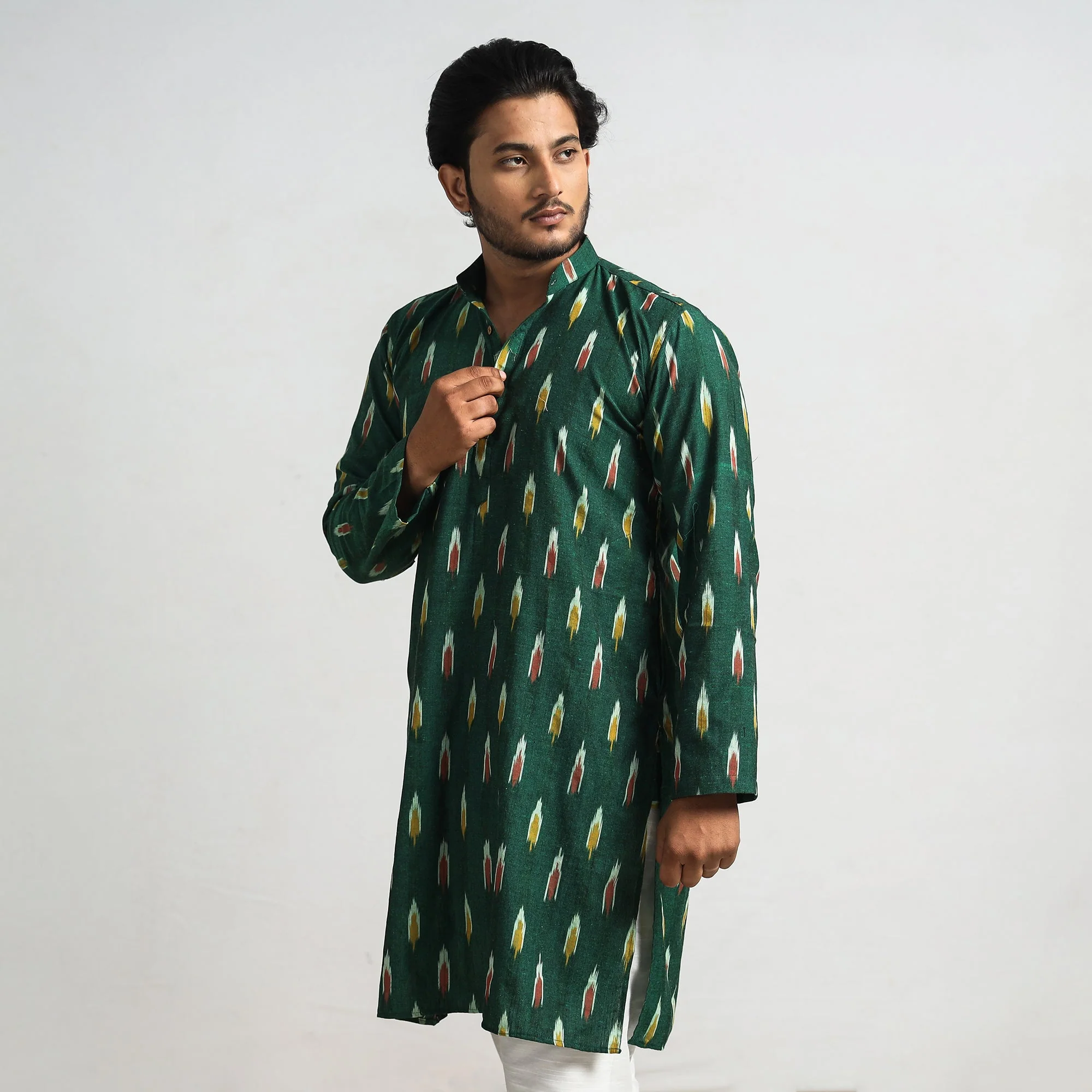 Dark Green - Pochampally Ikat Cotton Men Long Kurta - Image 2