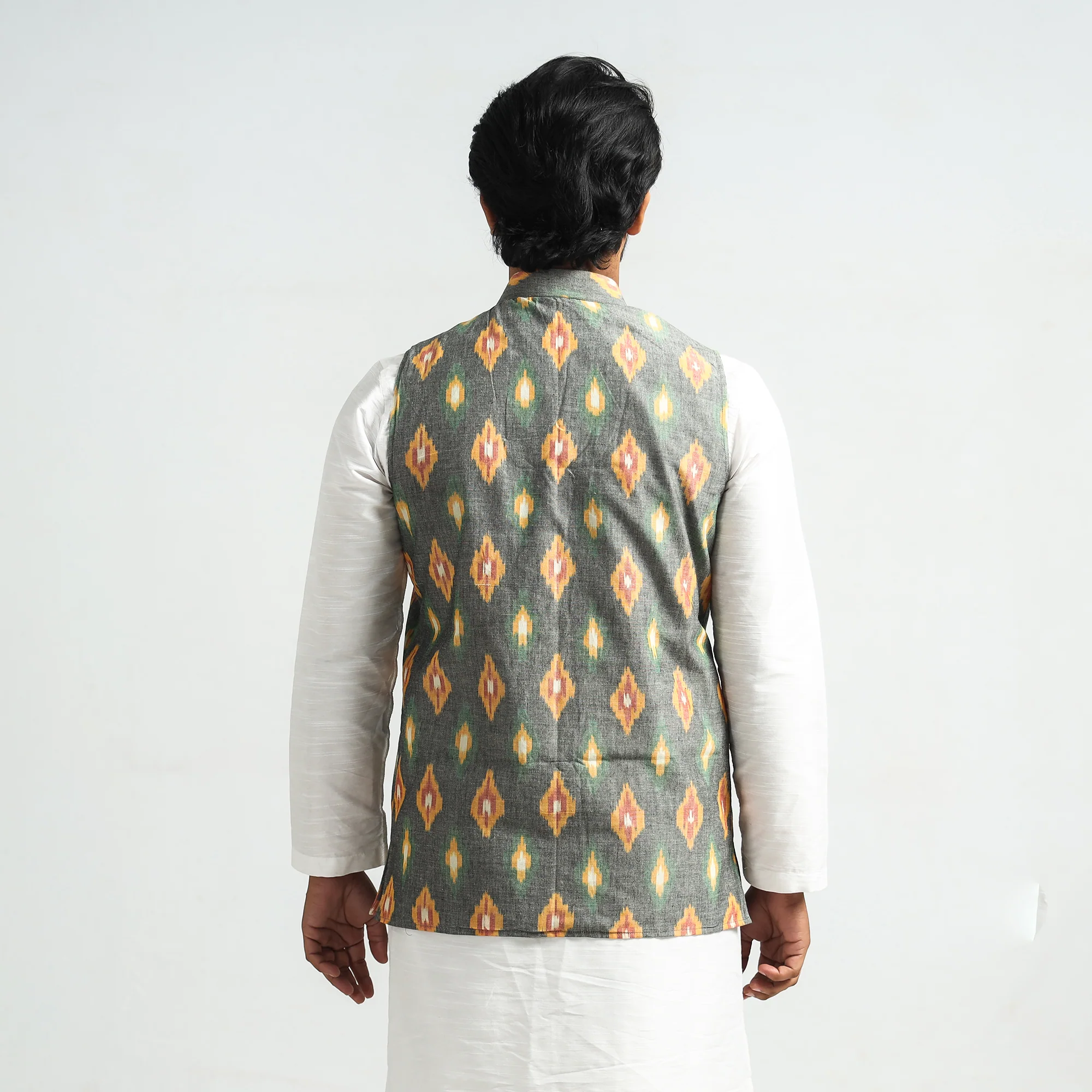 Grey - Pochampally Central Asian Ikat Handloom Cotton Men Nehru Jacket - Image 6