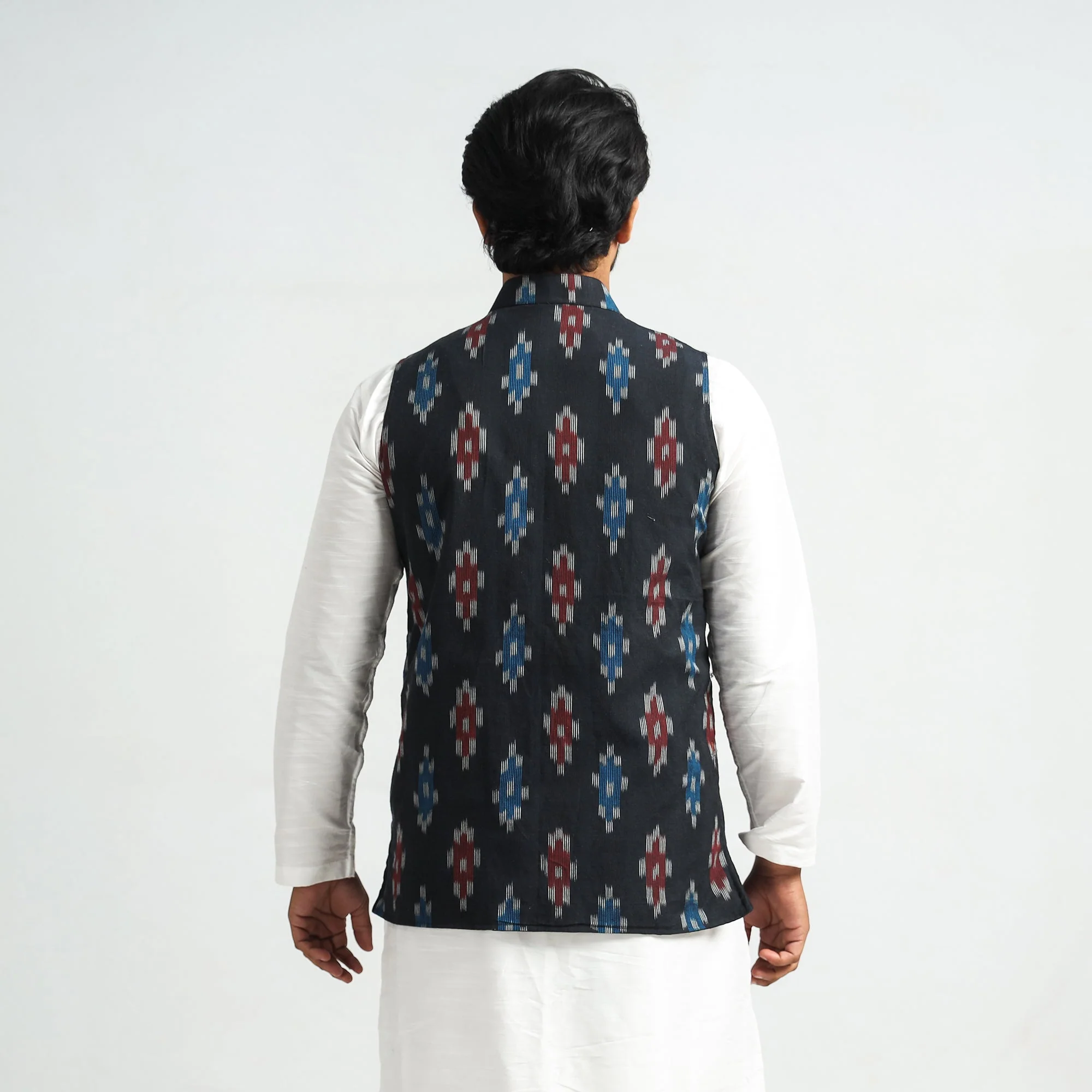 Black - Pochampally Ikat Cotton Men Nehru Jacket - Image 6
