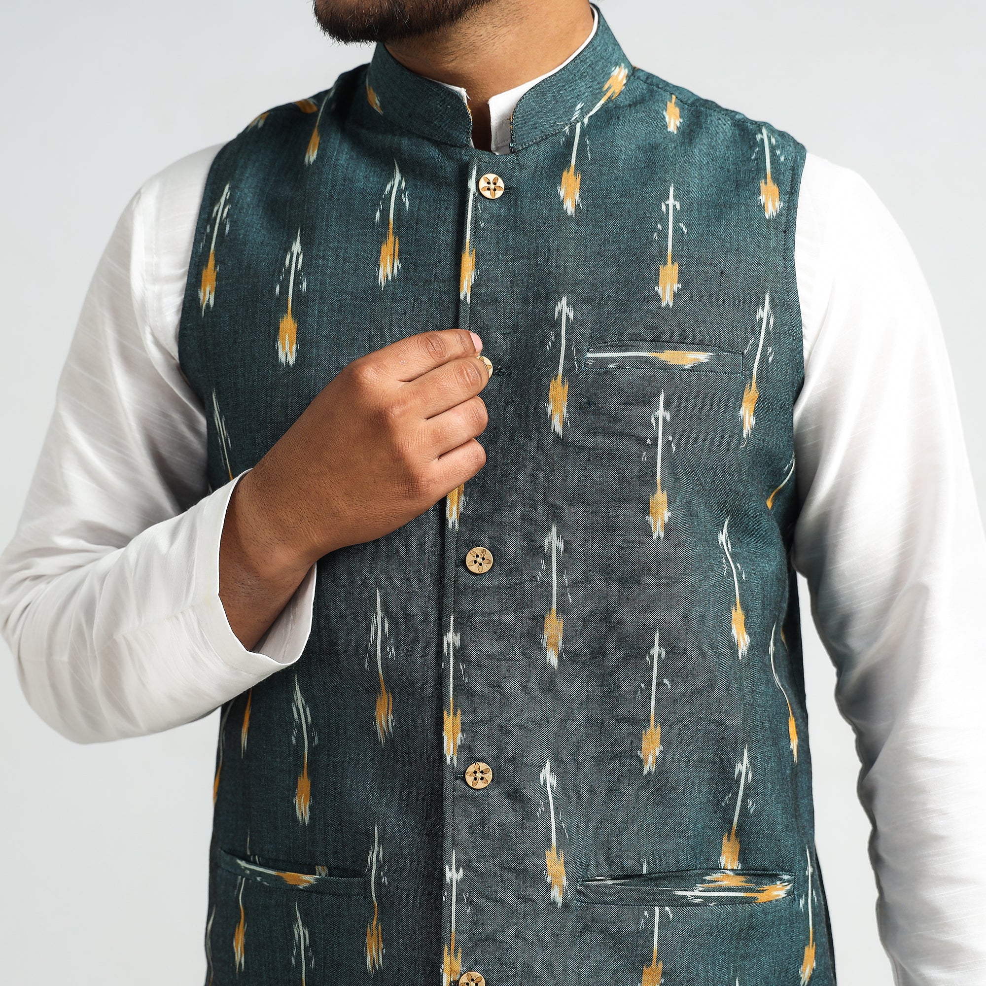 Viridian Green - Pochampally Ikat Cotton Men Nehru Jacket - Image 4