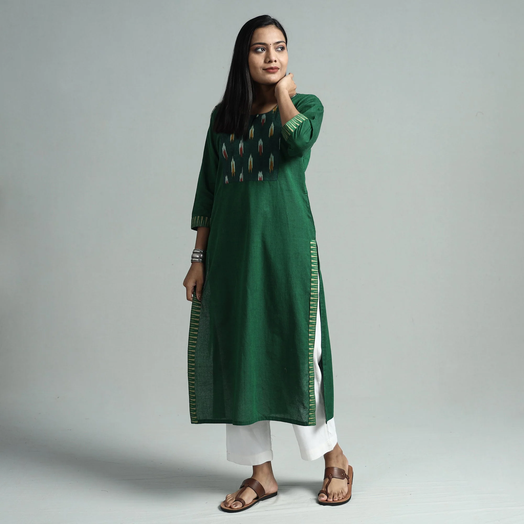 Dark Green - Dharwad Cotton Straight Kurta with Ikat Patchwork - Image 2