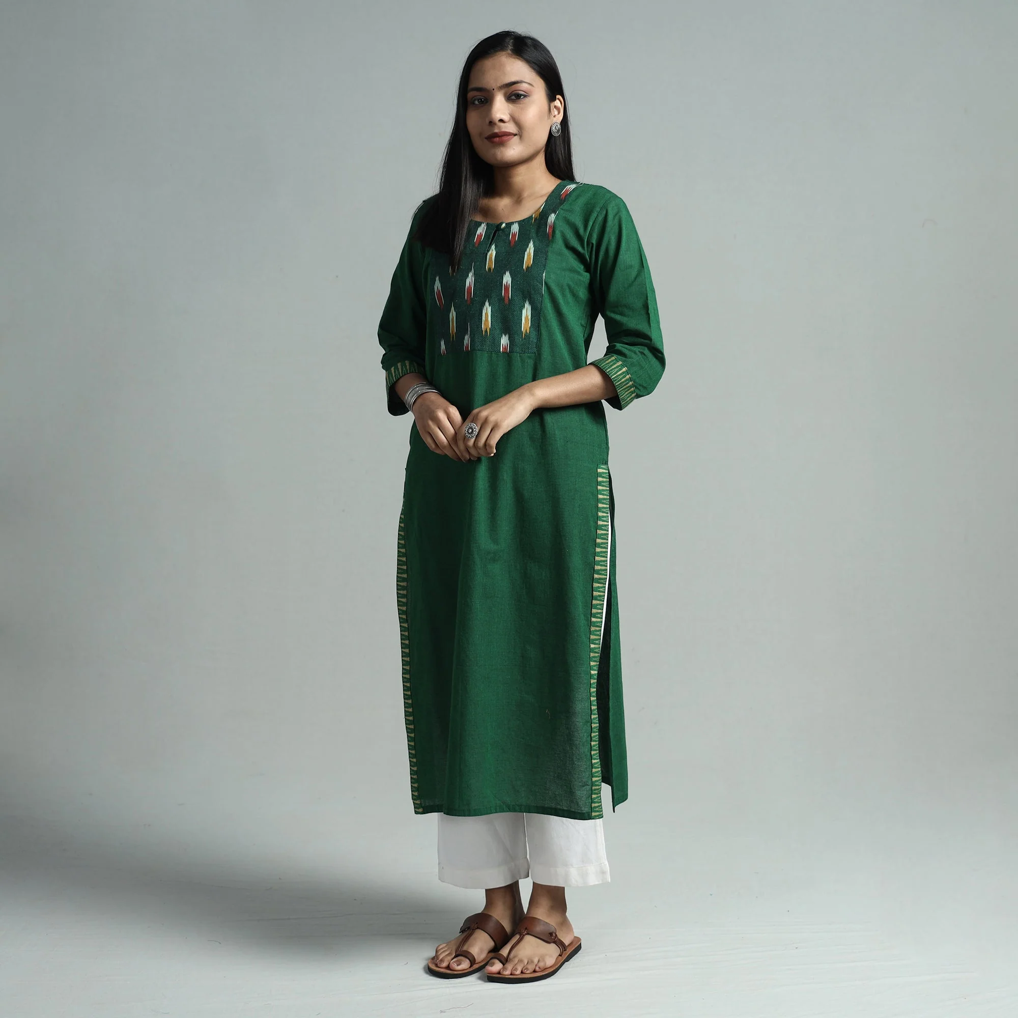 Dark Green - Dharwad Cotton Straight Kurta with Ikat Patchwork - Image 3