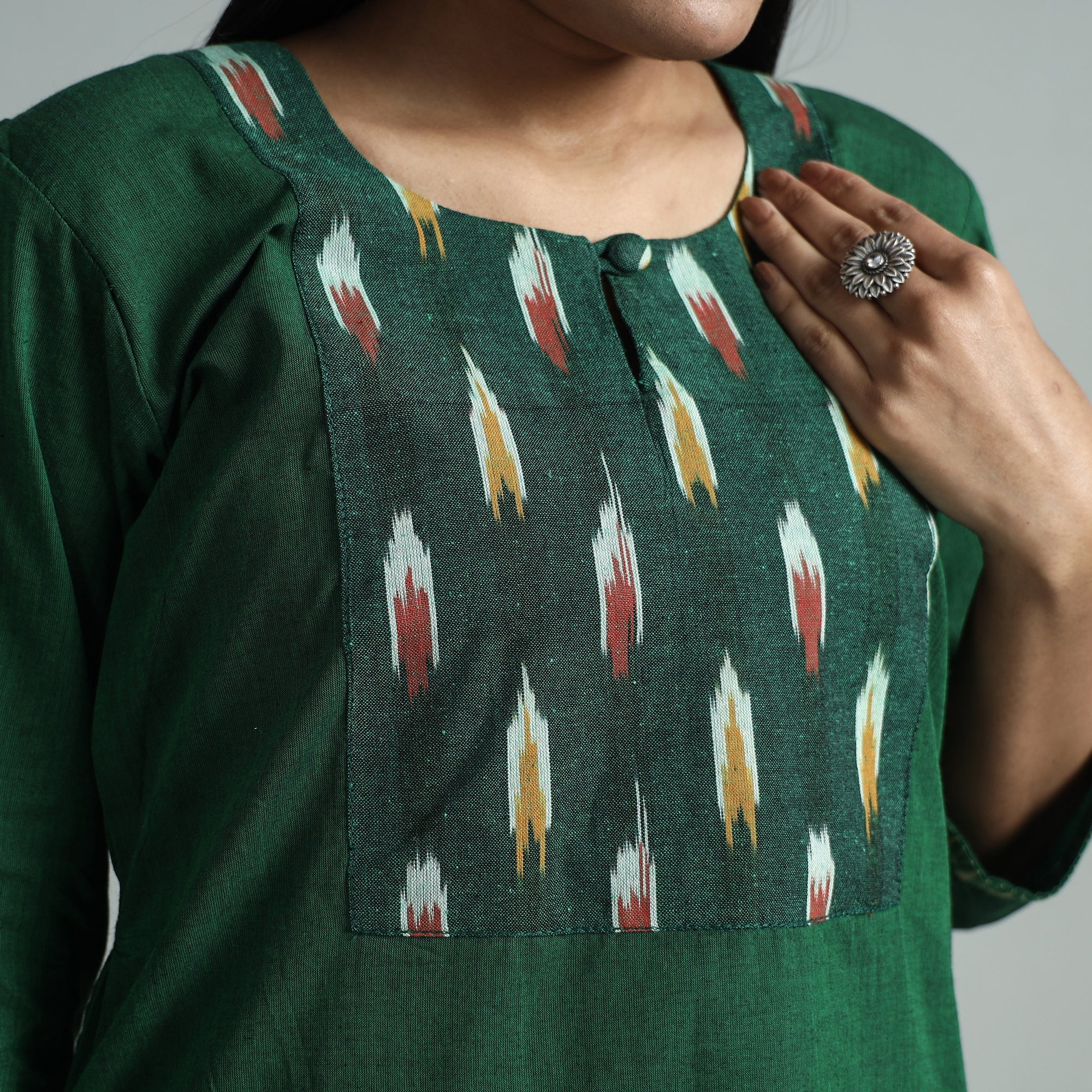 Dark Green - Dharwad Cotton Straight Kurta with Ikat Patchwork - Image 4