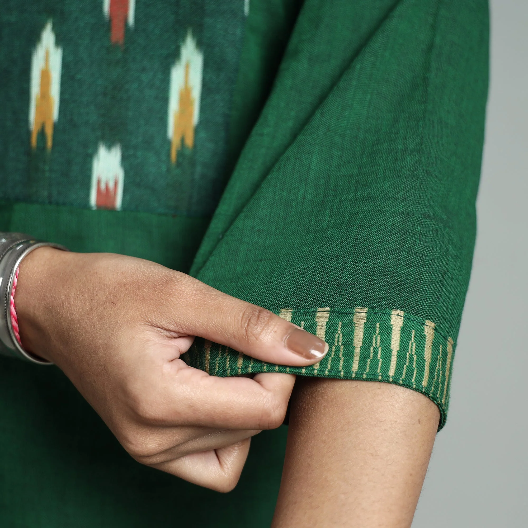 Dark Green - Dharwad Cotton Straight Kurta with Ikat Patchwork - Image 5