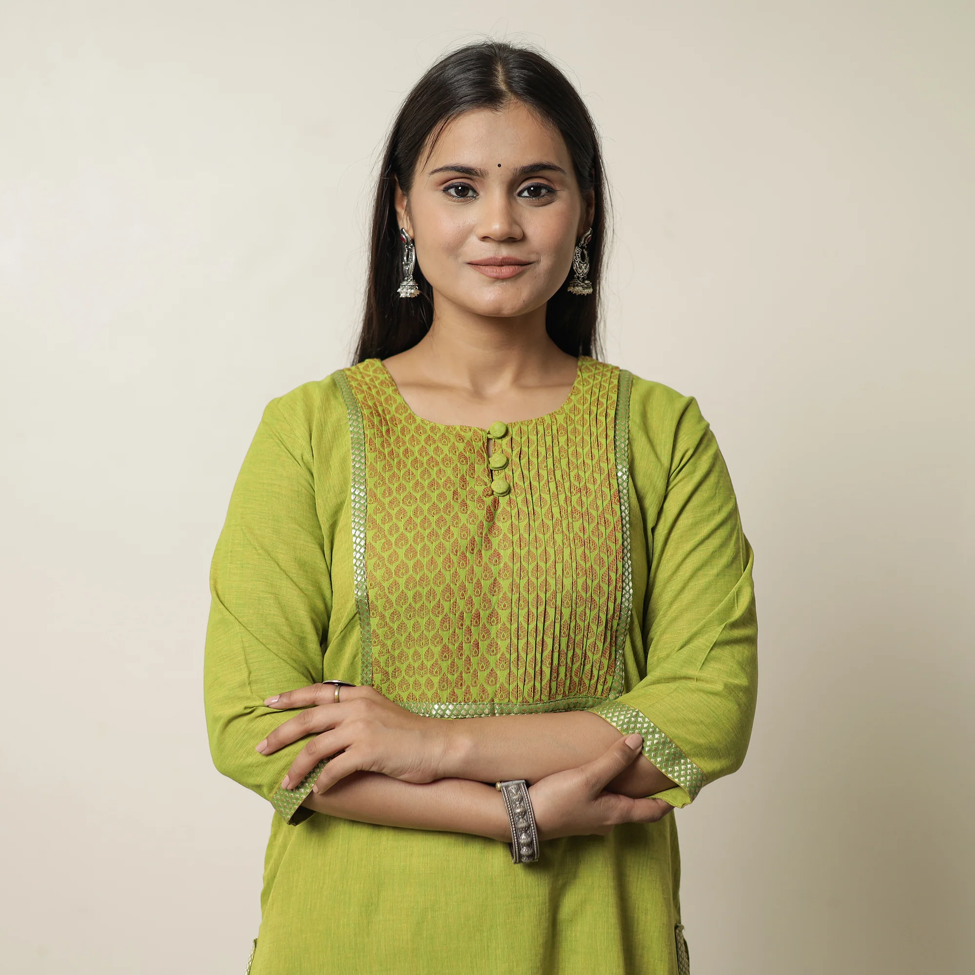 Parrot Green - Dharwad Cotton Straight Kurta with Pintuck Jacquard Patchwork 03 - Image 3