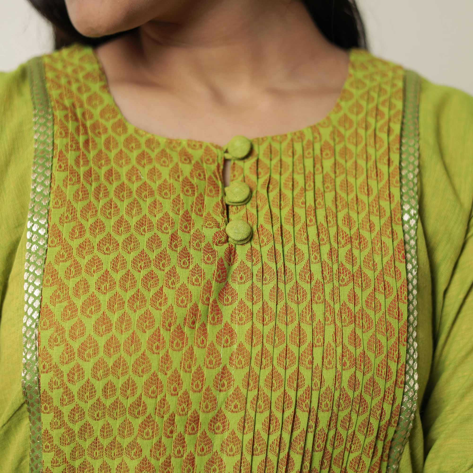 Parrot Green - Dharwad Cotton Straight Kurta with Pintuck Jacquard Patchwork 03 - Image 4