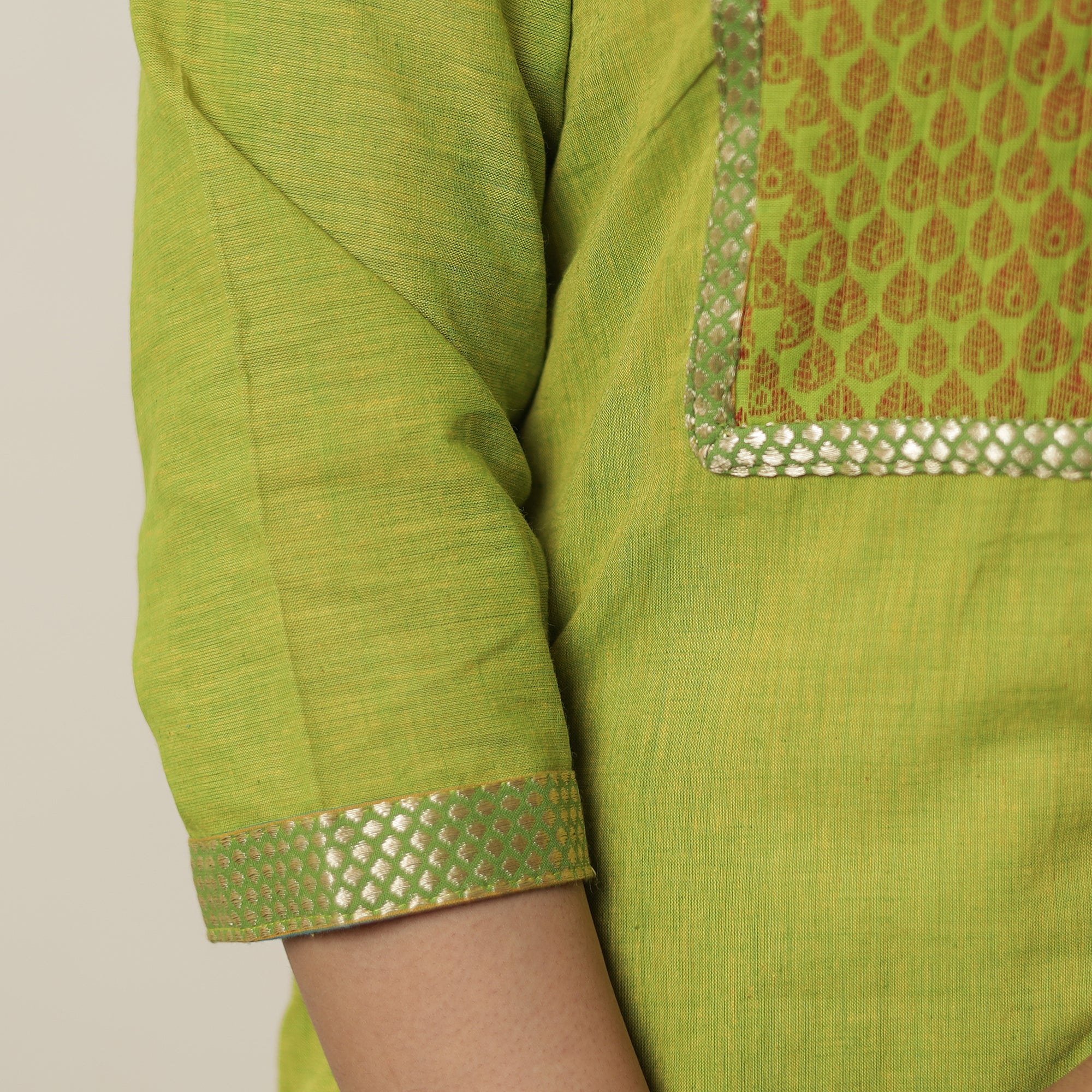 Parrot Green - Dharwad Cotton Straight Kurta with Pintuck Jacquard Patchwork 03 - Image 5