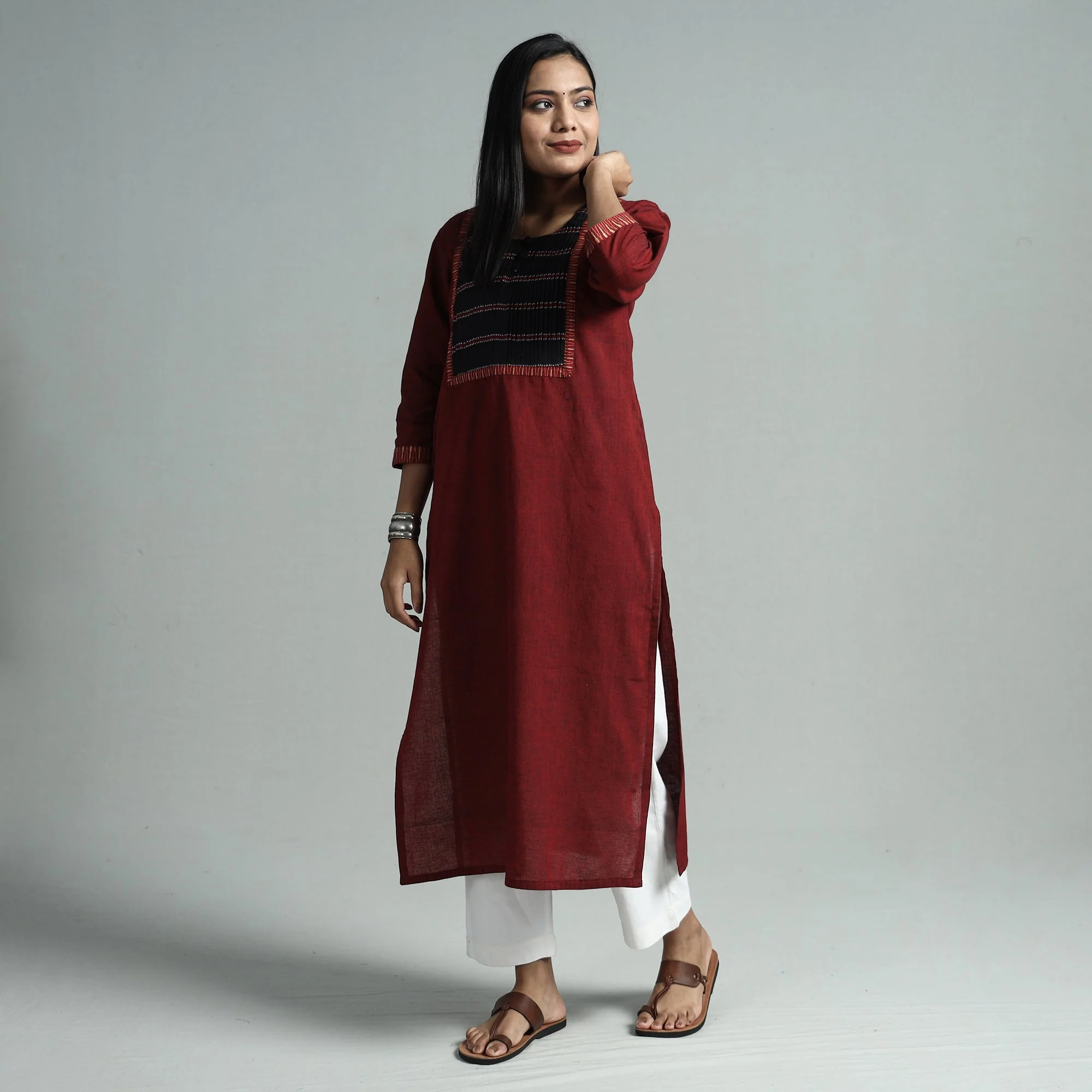 Maroon - Dharwad Cotton Straight Kurta with Pintuck Jacquard Patchwork - Image 2