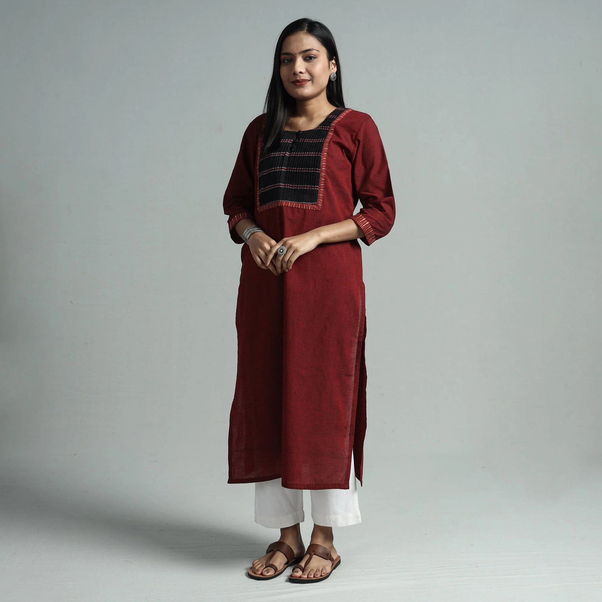 Maroon - Dharwad Cotton Straight Kurta with Pintuck Jacquard Patchwork - Image 3