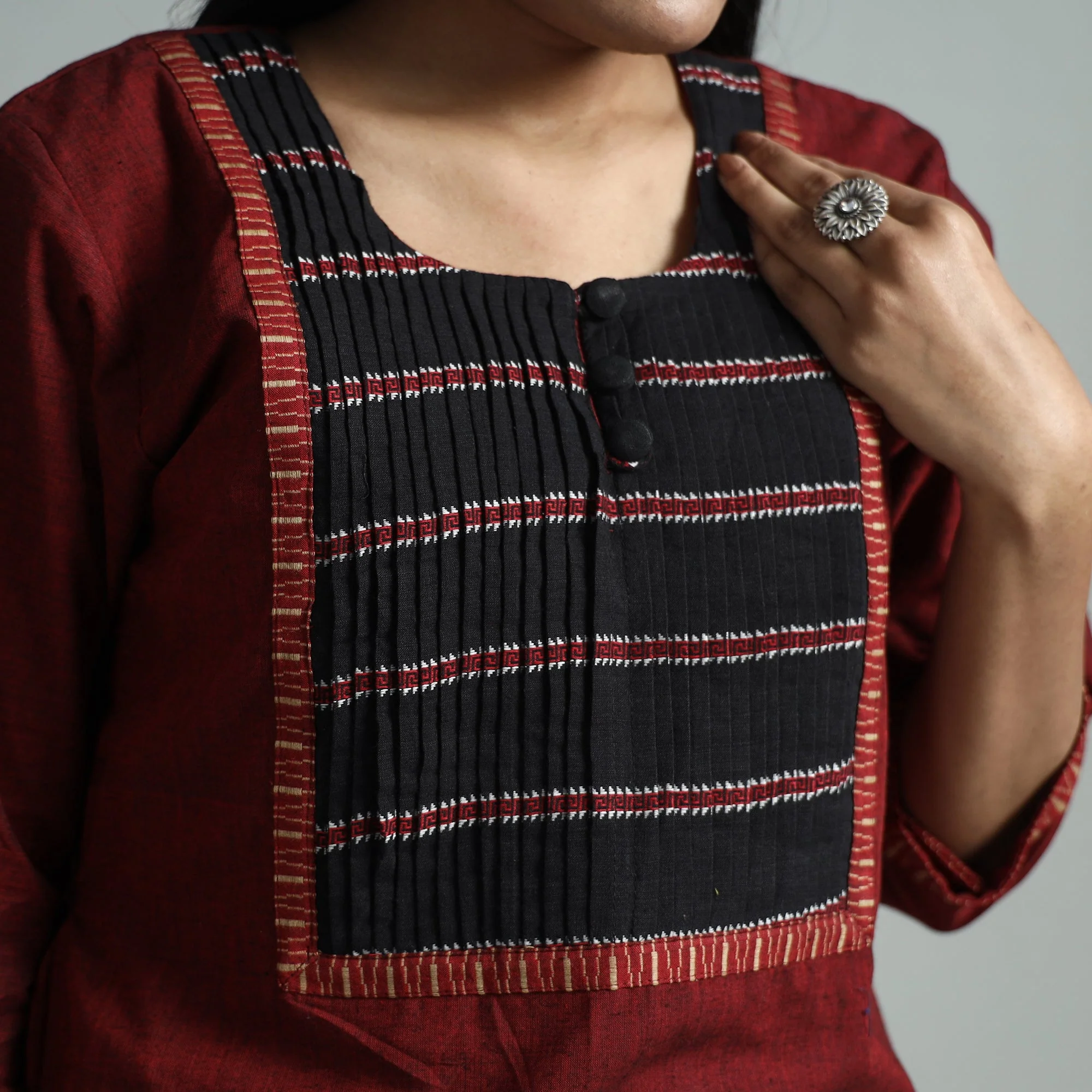 Maroon - Dharwad Cotton Straight Kurta with Pintuck Jacquard Patchwork - Image 4