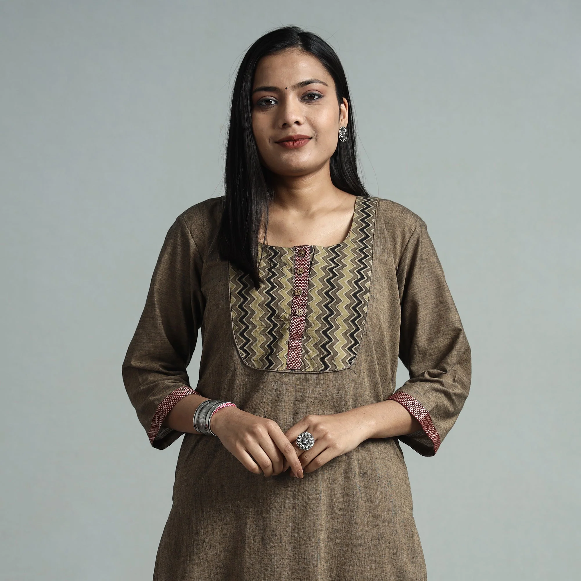 Brown - Dharwad Cotton Straight Kurta with Ajrakh Patchwork
