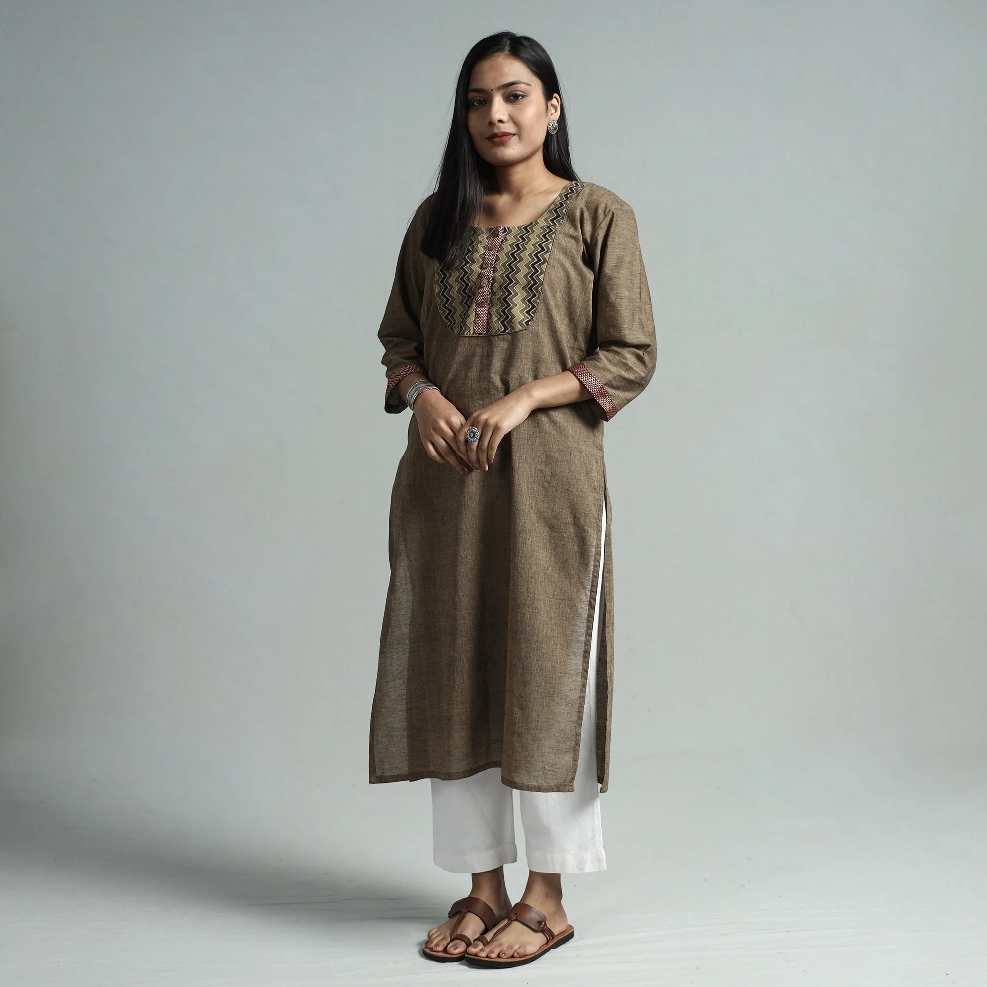 Brown - Dharwad Cotton Straight Kurta with Ajrakh Patchwork - Image 3