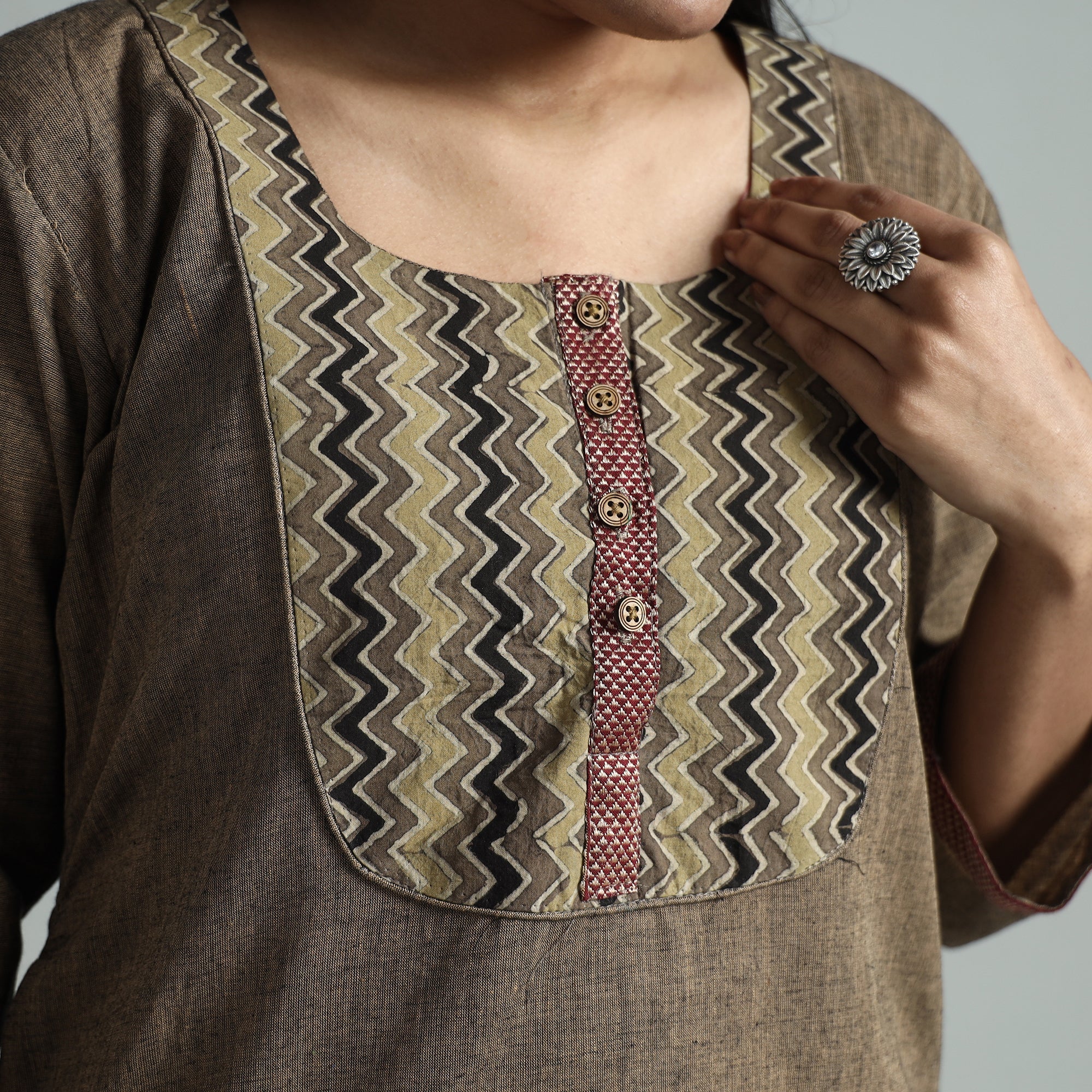 Brown - Dharwad Cotton Straight Kurta with Ajrakh Patchwork - Image 4