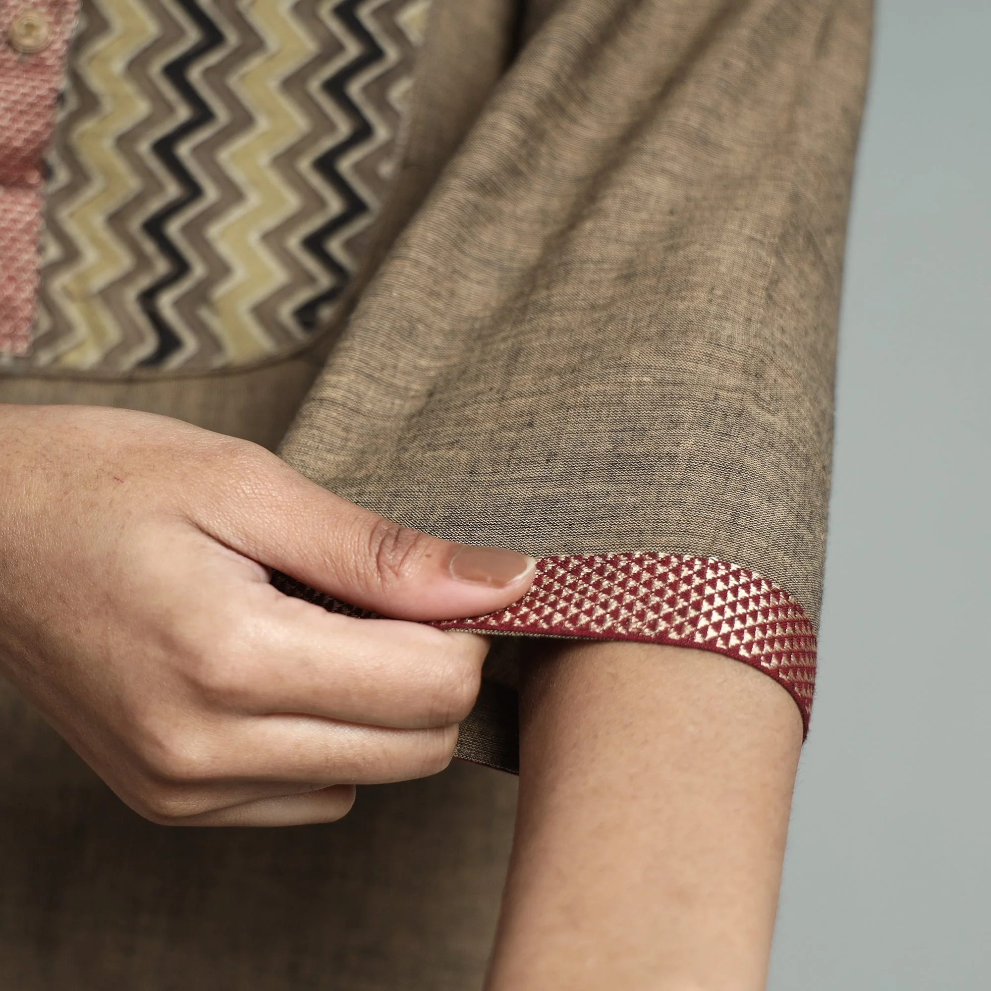 Brown - Dharwad Cotton Straight Kurta with Ajrakh Patchwork - Image 5