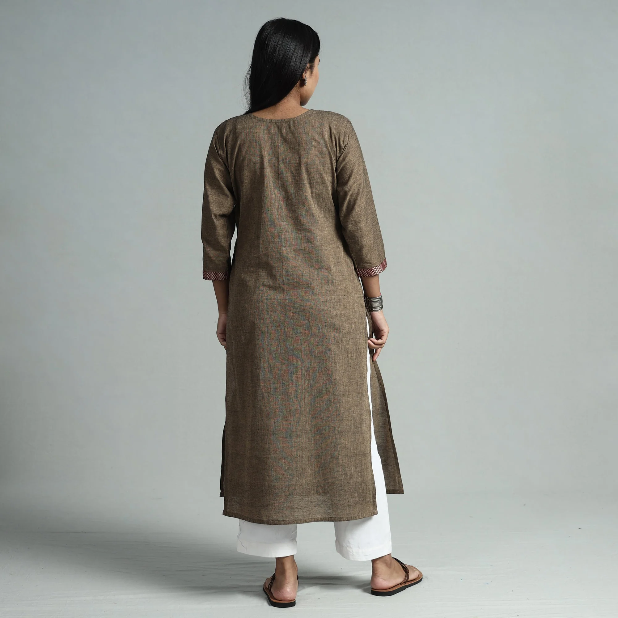Brown - Dharwad Cotton Straight Kurta with Ajrakh Patchwork - Image 6