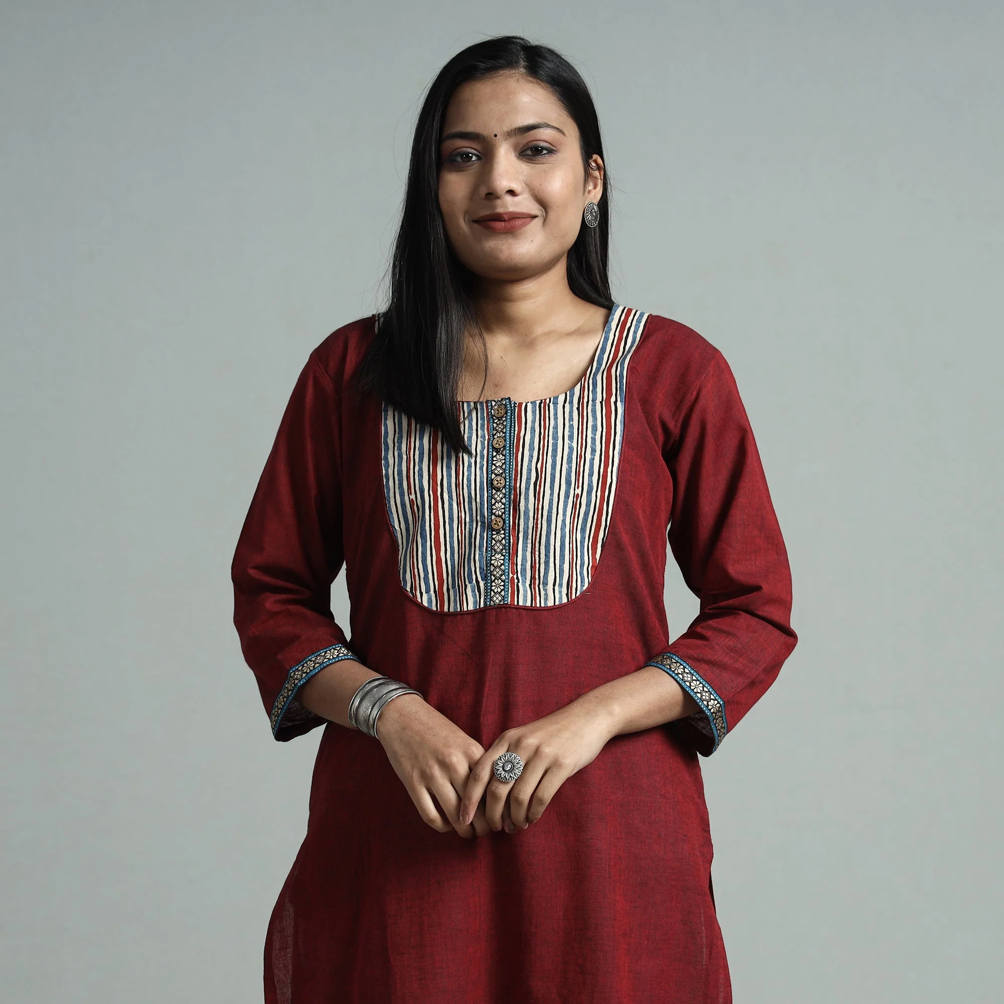 Maroon - Dharwad Cotton Straight Kurta with Ajrakh Patchwork