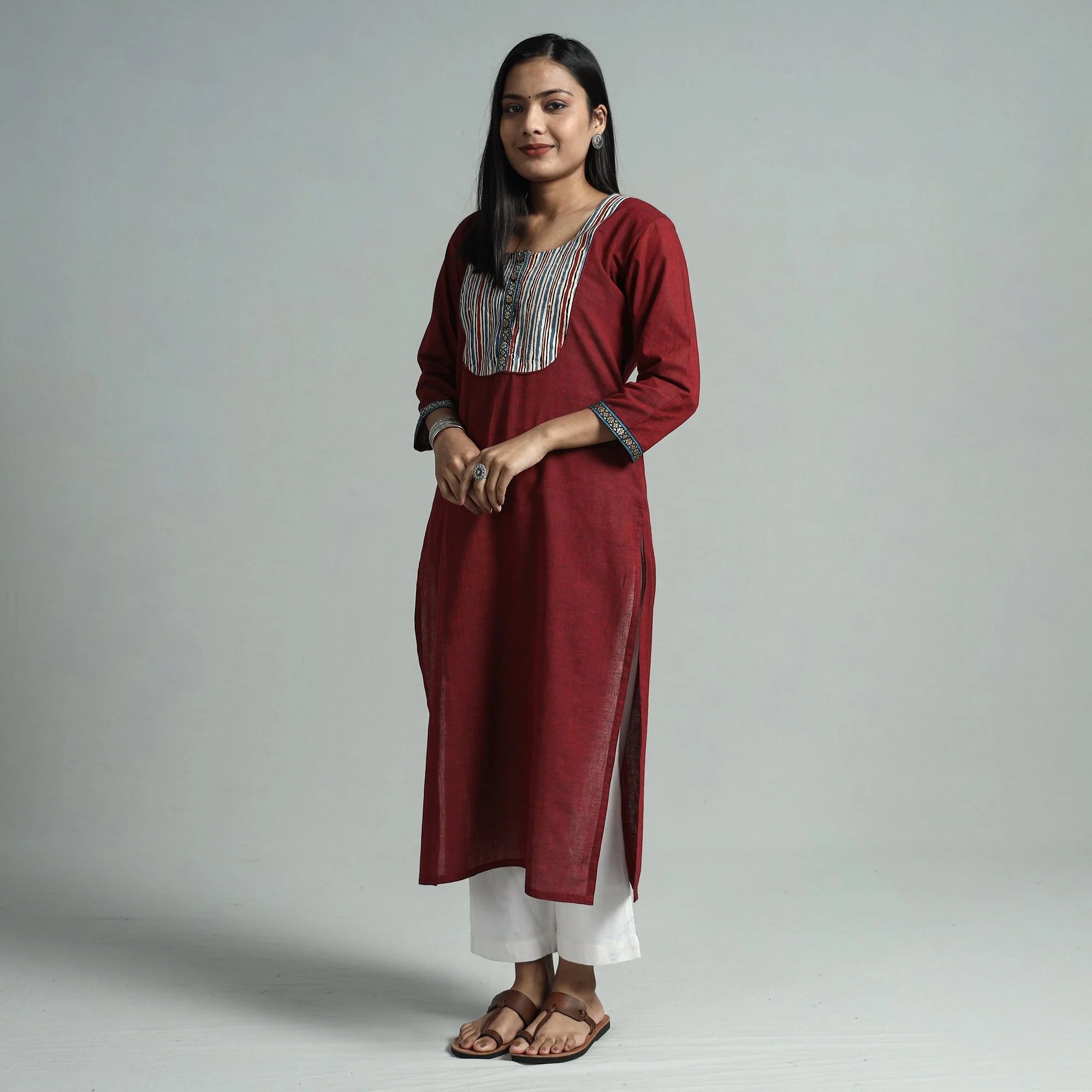 Maroon - Dharwad Cotton Straight Kurta with Ajrakh Patchwork - Image 3
