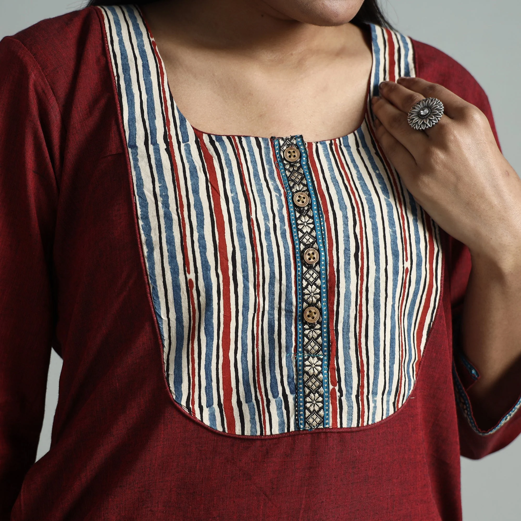 Maroon - Dharwad Cotton Straight Kurta with Ajrakh Patchwork - Image 4