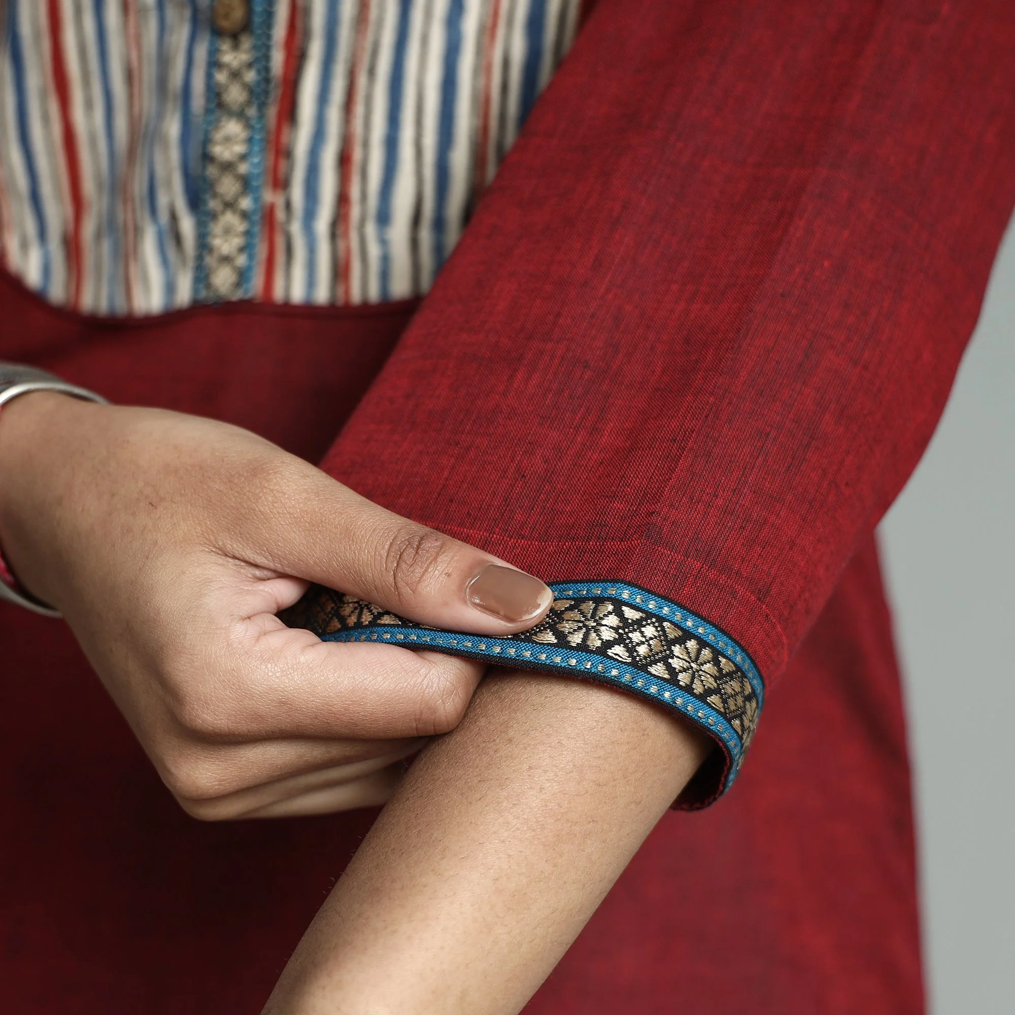 Maroon - Dharwad Cotton Straight Kurta with Ajrakh Patchwork - Image 5