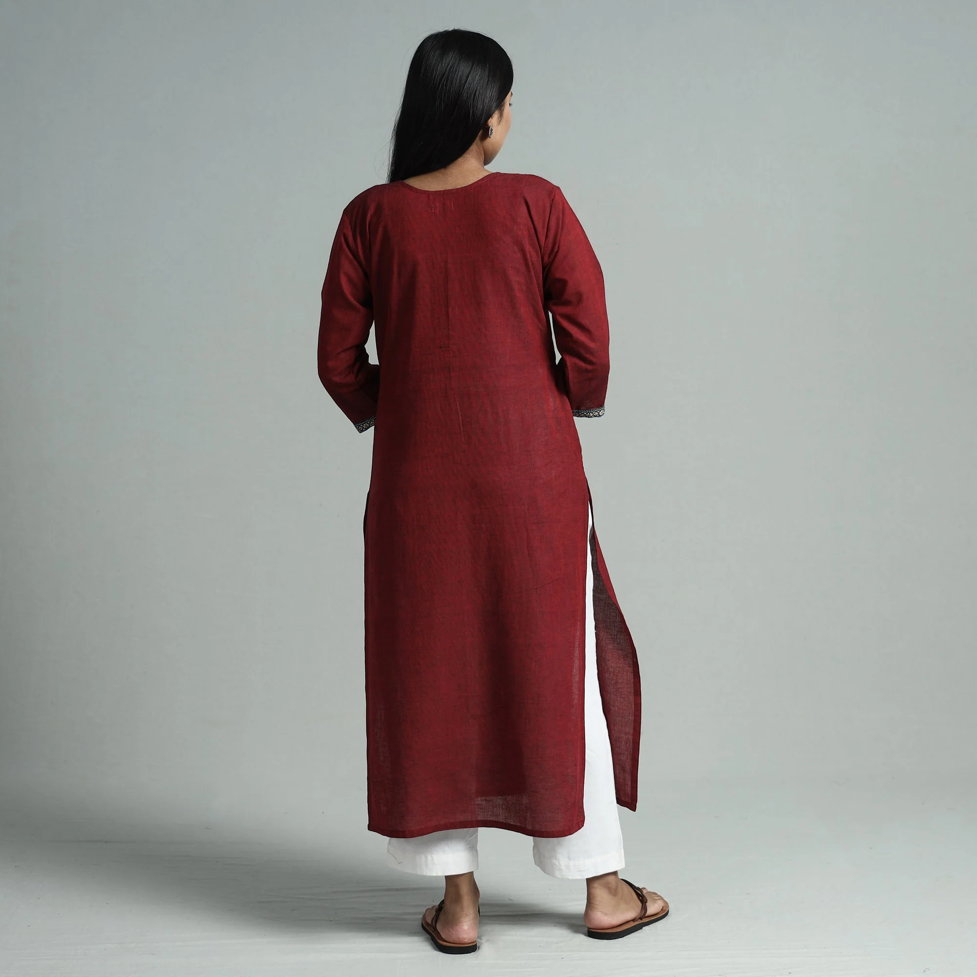 Maroon - Dharwad Cotton Straight Kurta with Ajrakh Patchwork - Image 6
