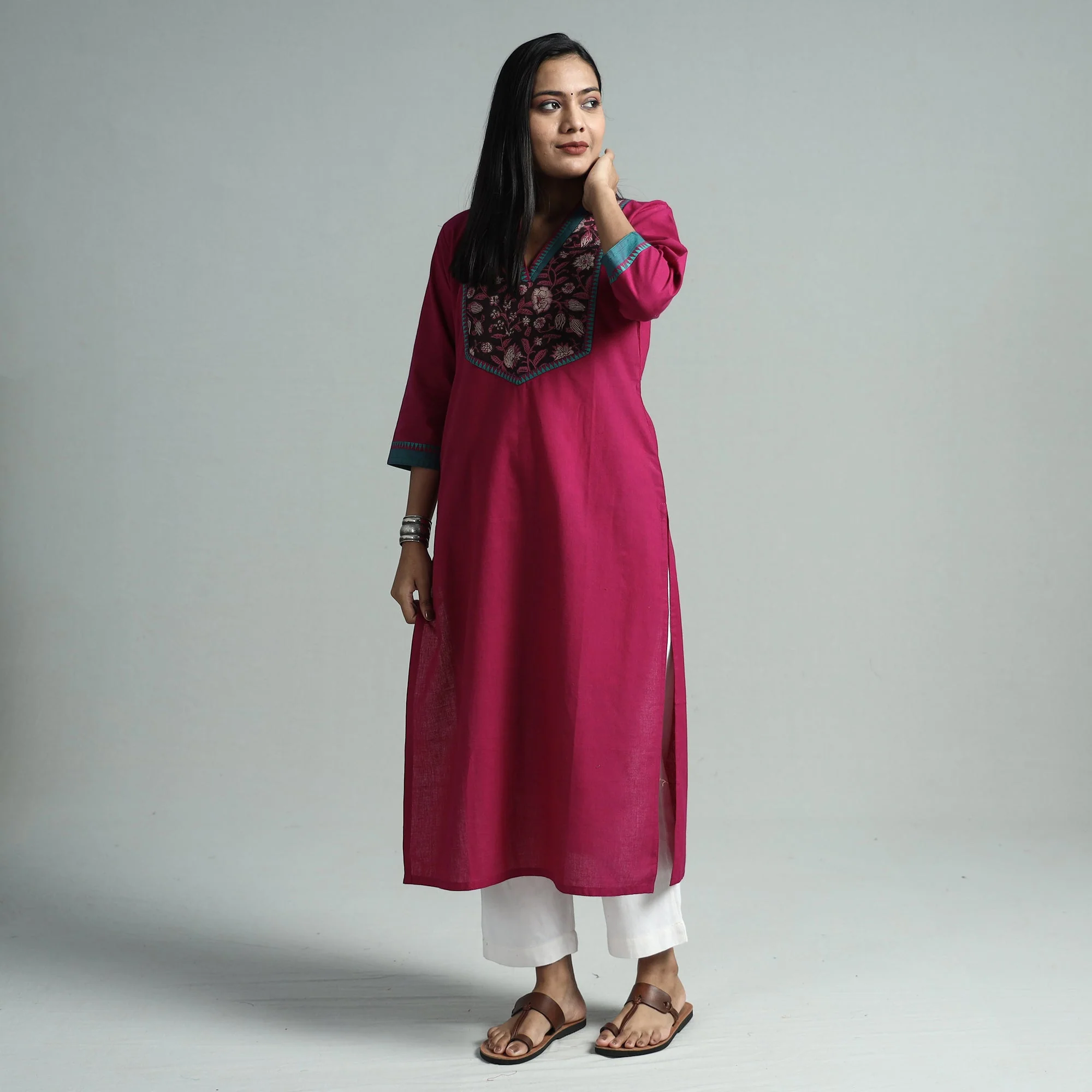 Dark Purple - Dharwad Cotton Straight Kurta with Sanganeri Patchwork - Image 2