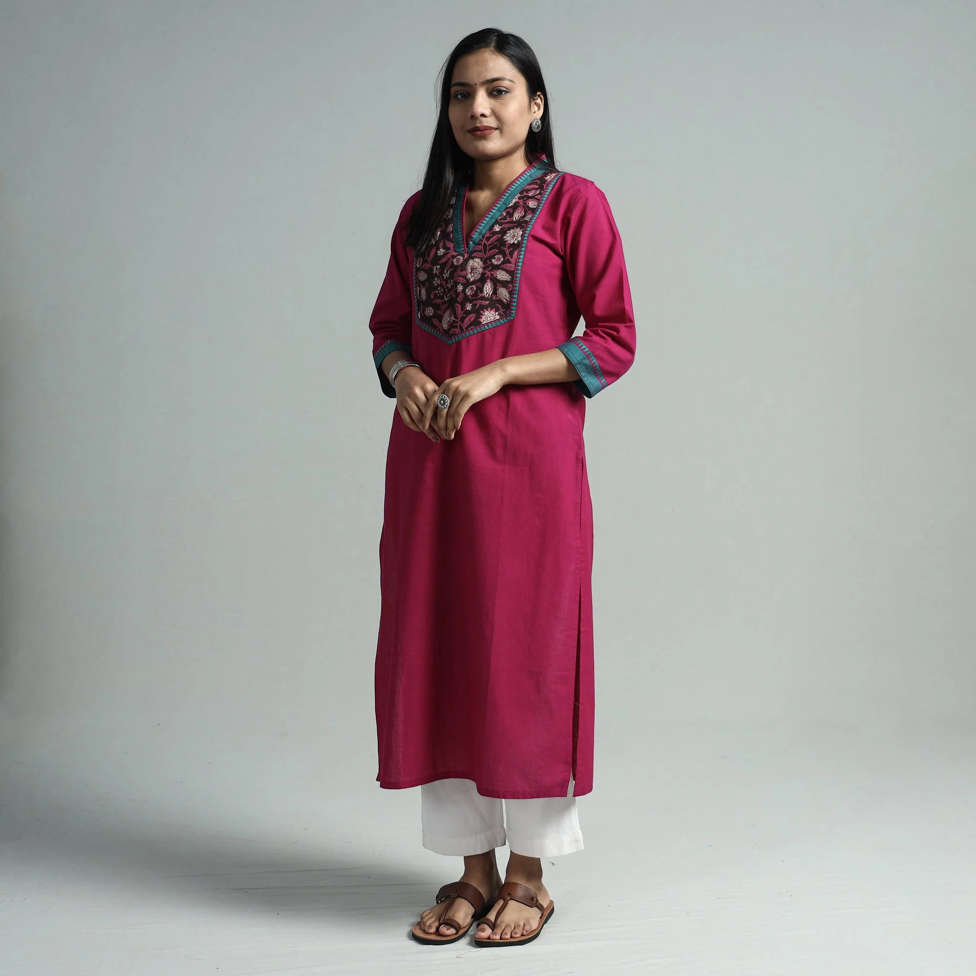 Dark Purple - Dharwad Cotton Straight Kurta with Sanganeri Patchwork - Image 3