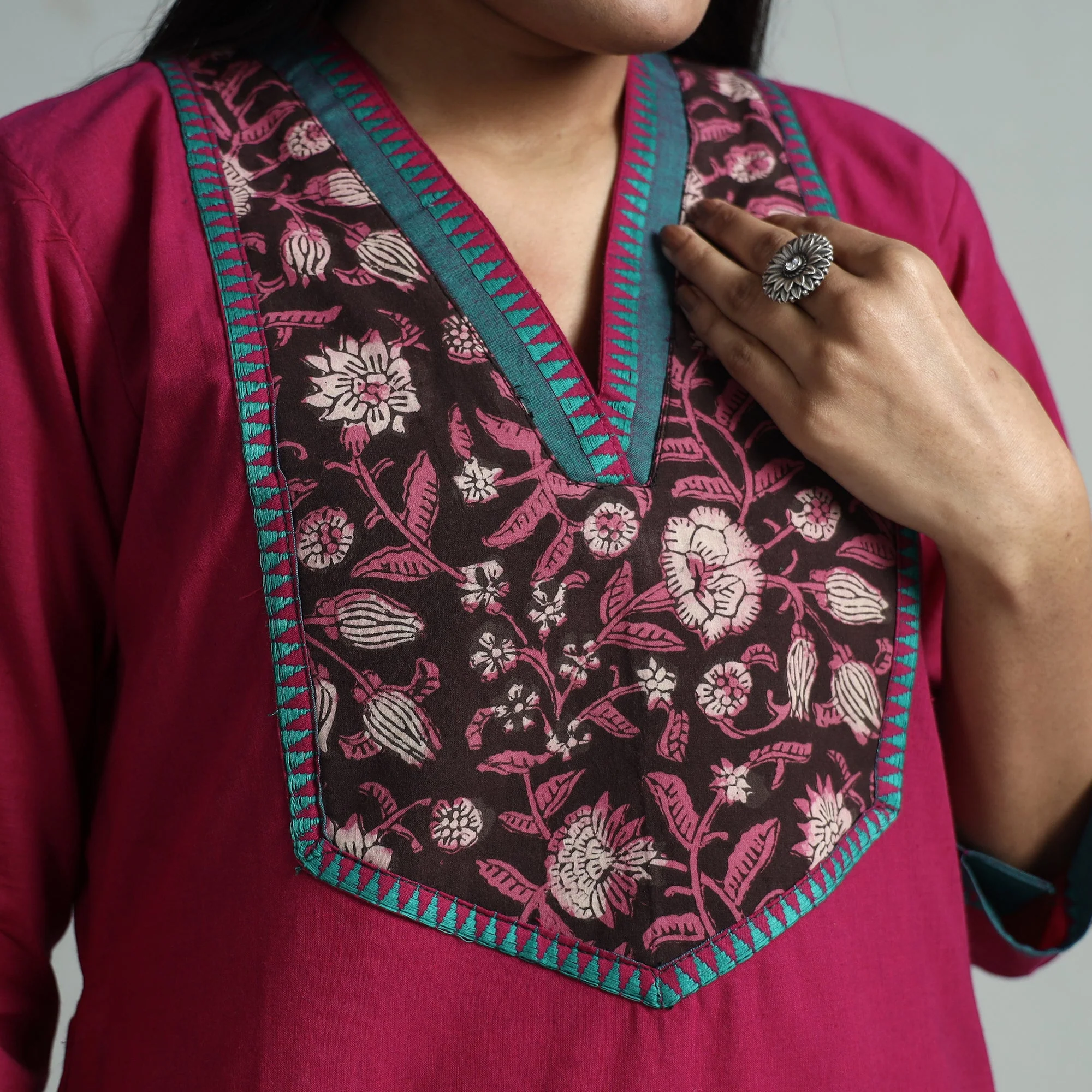 Dark Purple - Dharwad Cotton Straight Kurta with Sanganeri Patchwork - Image 4