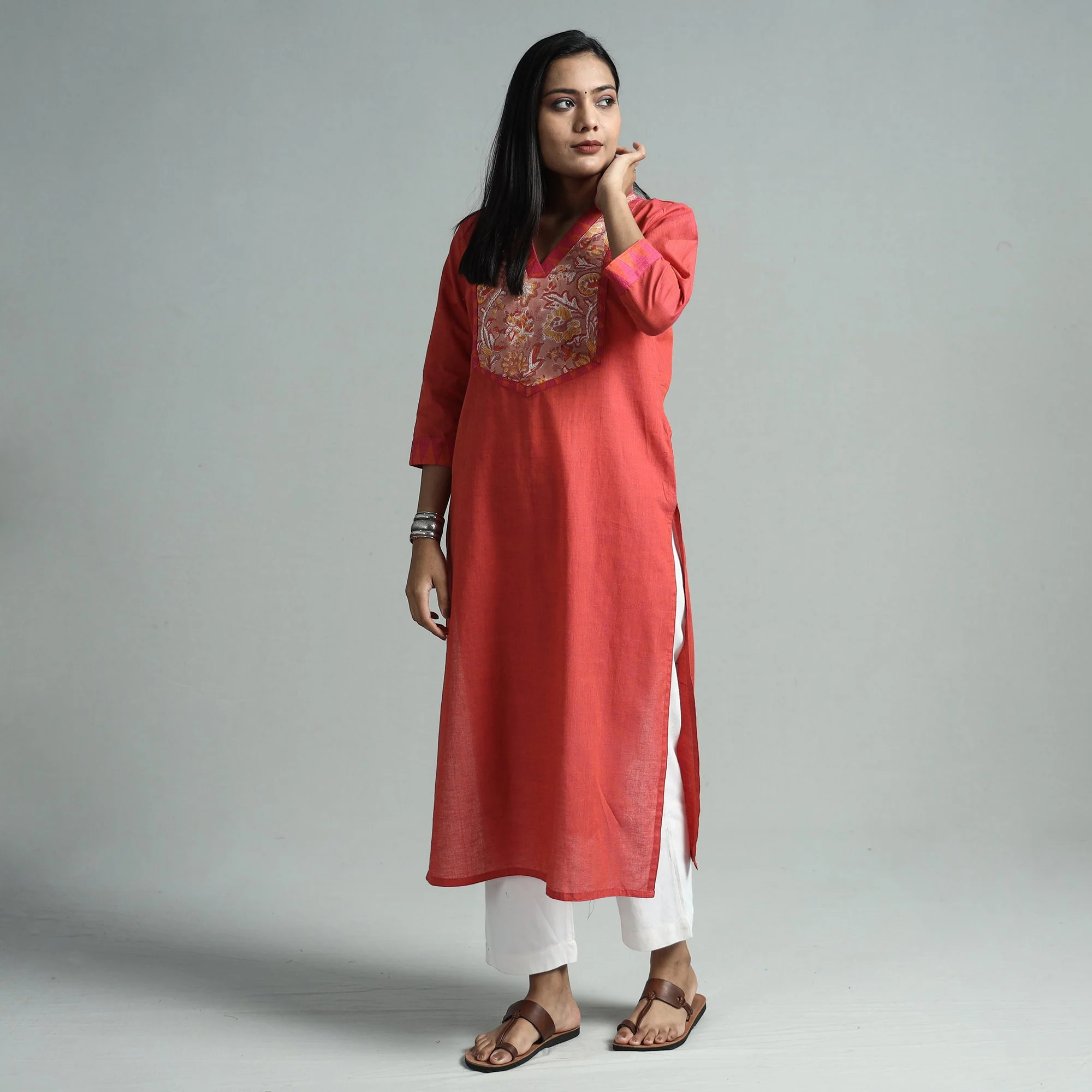 Dark Peach - Dharwad Cotton Straight Kurta with Sanganeri Patchwork - Image 2