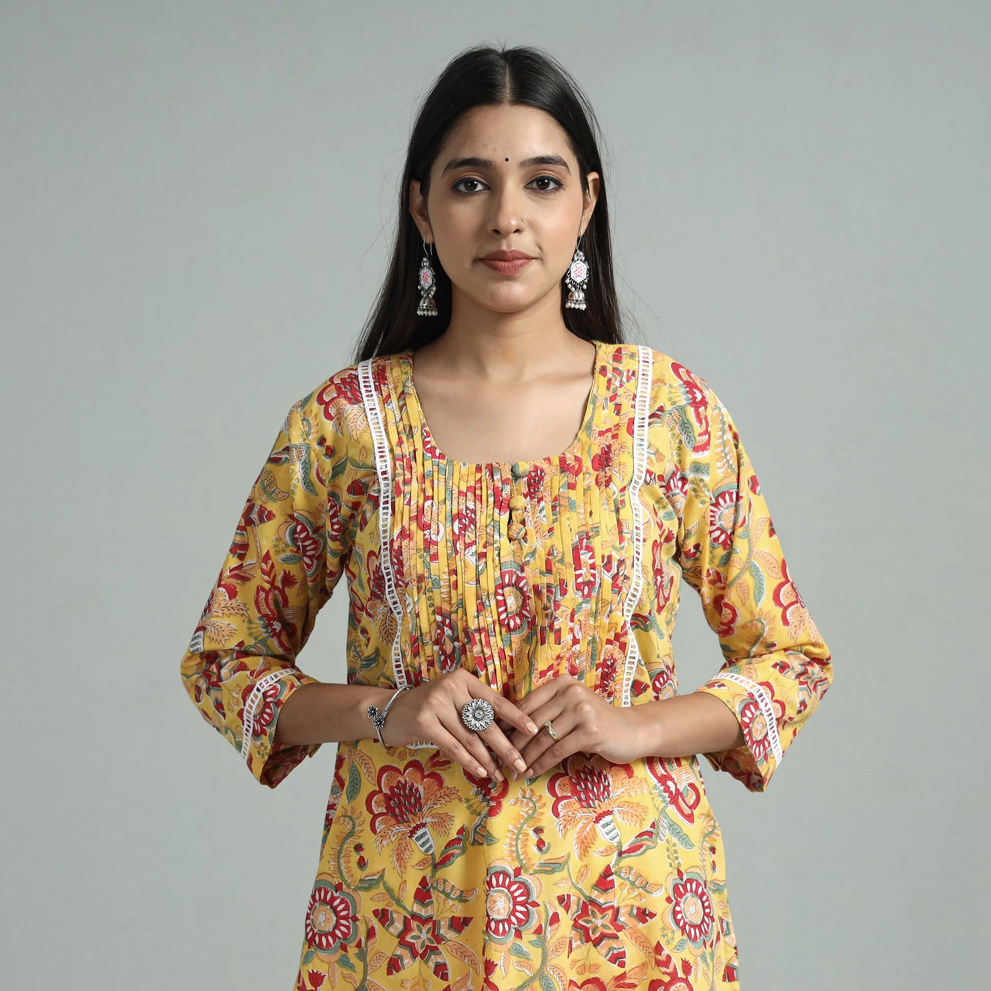 Yellow - Sanganeri Block Printed Cotton Pintuck Straight Kurta with Lace Work