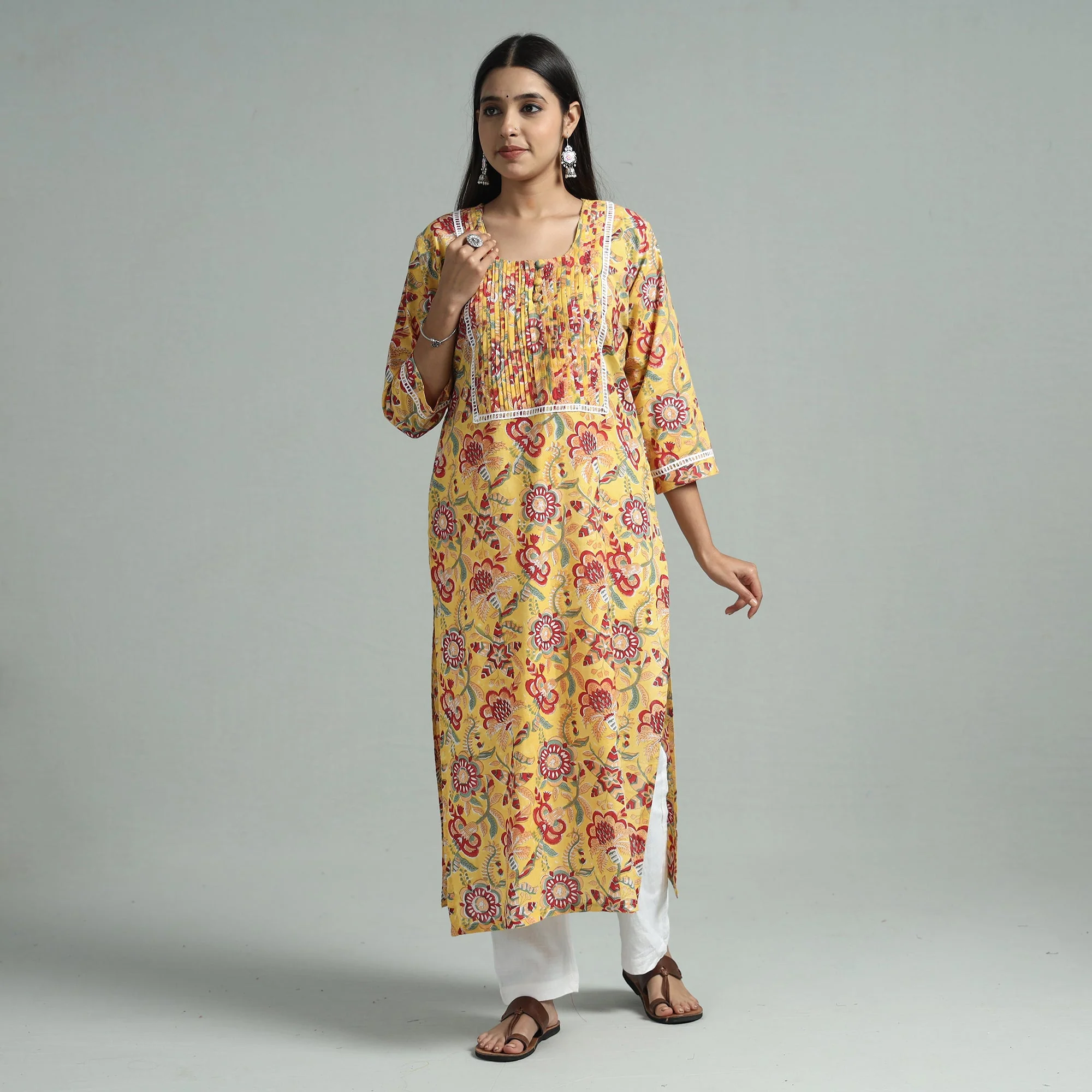 Yellow - Sanganeri Block Printed Cotton Pintuck Straight Kurta with Lace Work - Image 2
