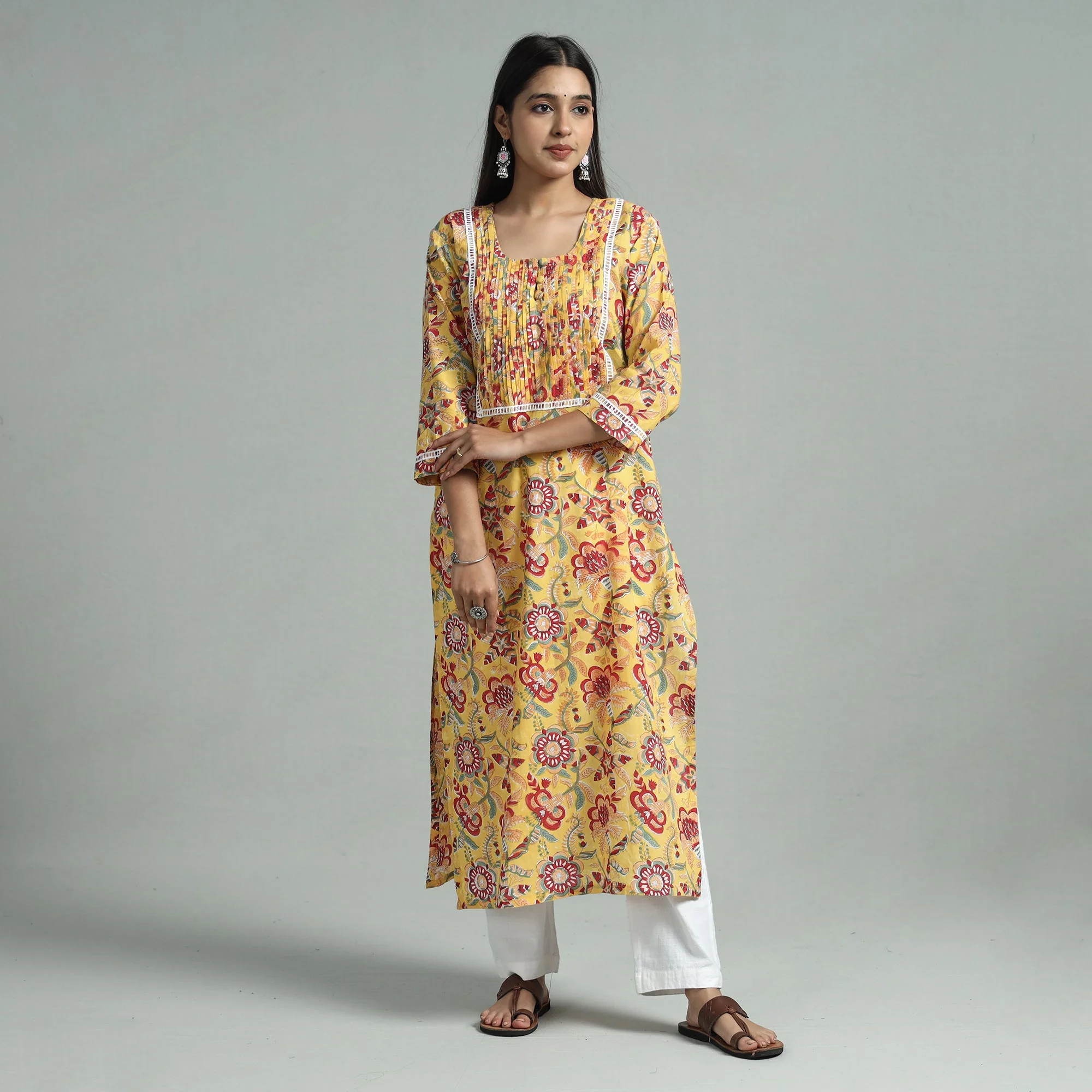 Yellow - Sanganeri Block Printed Cotton Pintuck Straight Kurta with Lace Work - Image 3