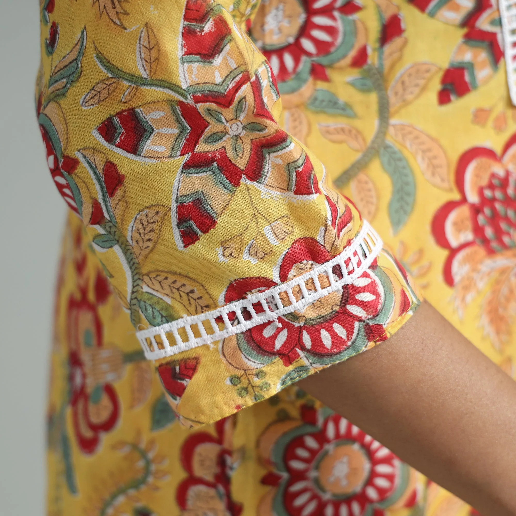 Yellow - Sanganeri Block Printed Cotton Pintuck Straight Kurta with Lace Work - Image 5