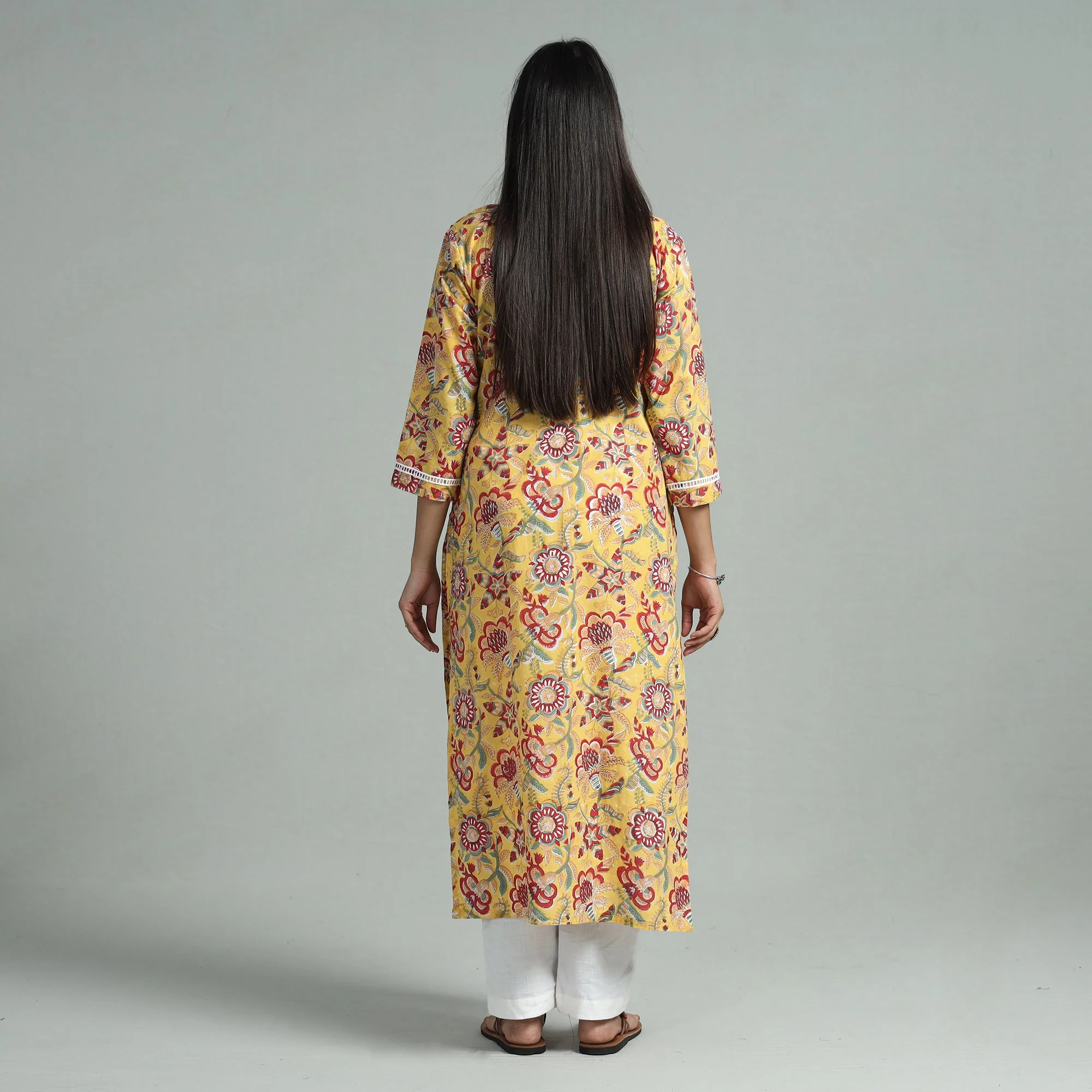 Yellow - Sanganeri Block Printed Cotton Pintuck Straight Kurta with Lace Work - Image 6