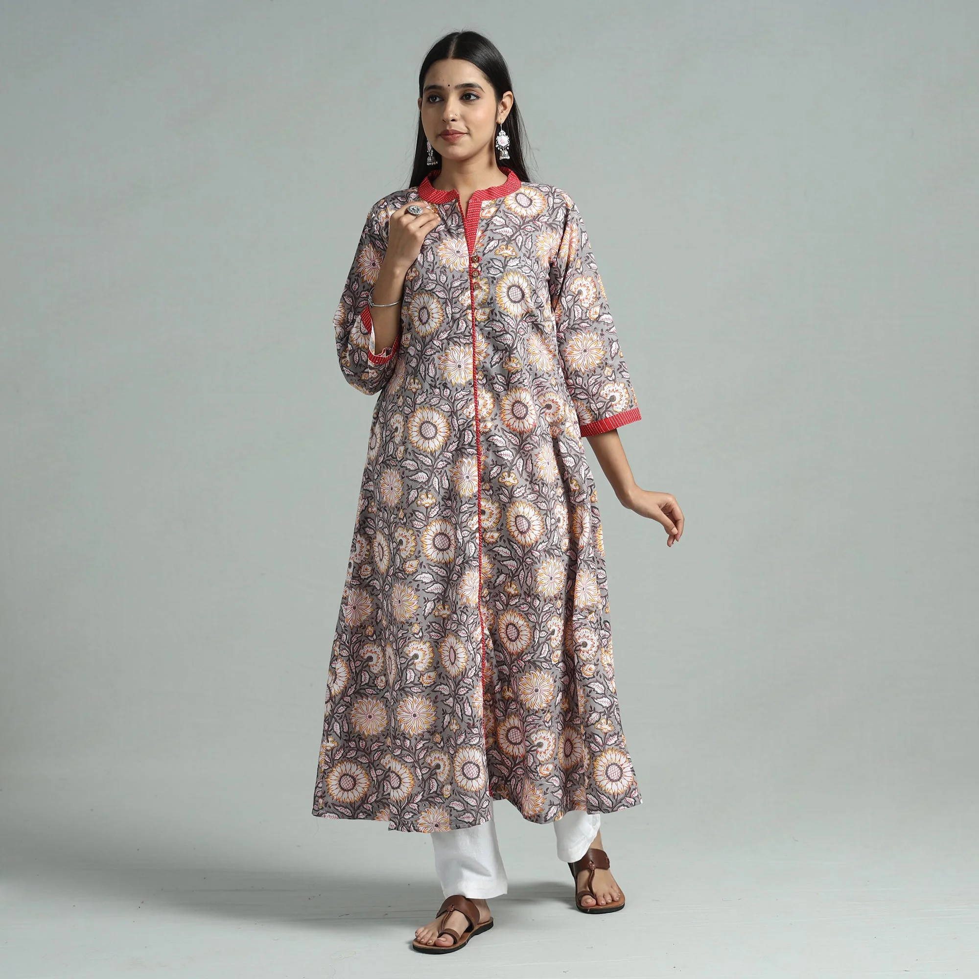 Grey - Sanganeri Block Printed Cotton A-Line Kurta - Image 2