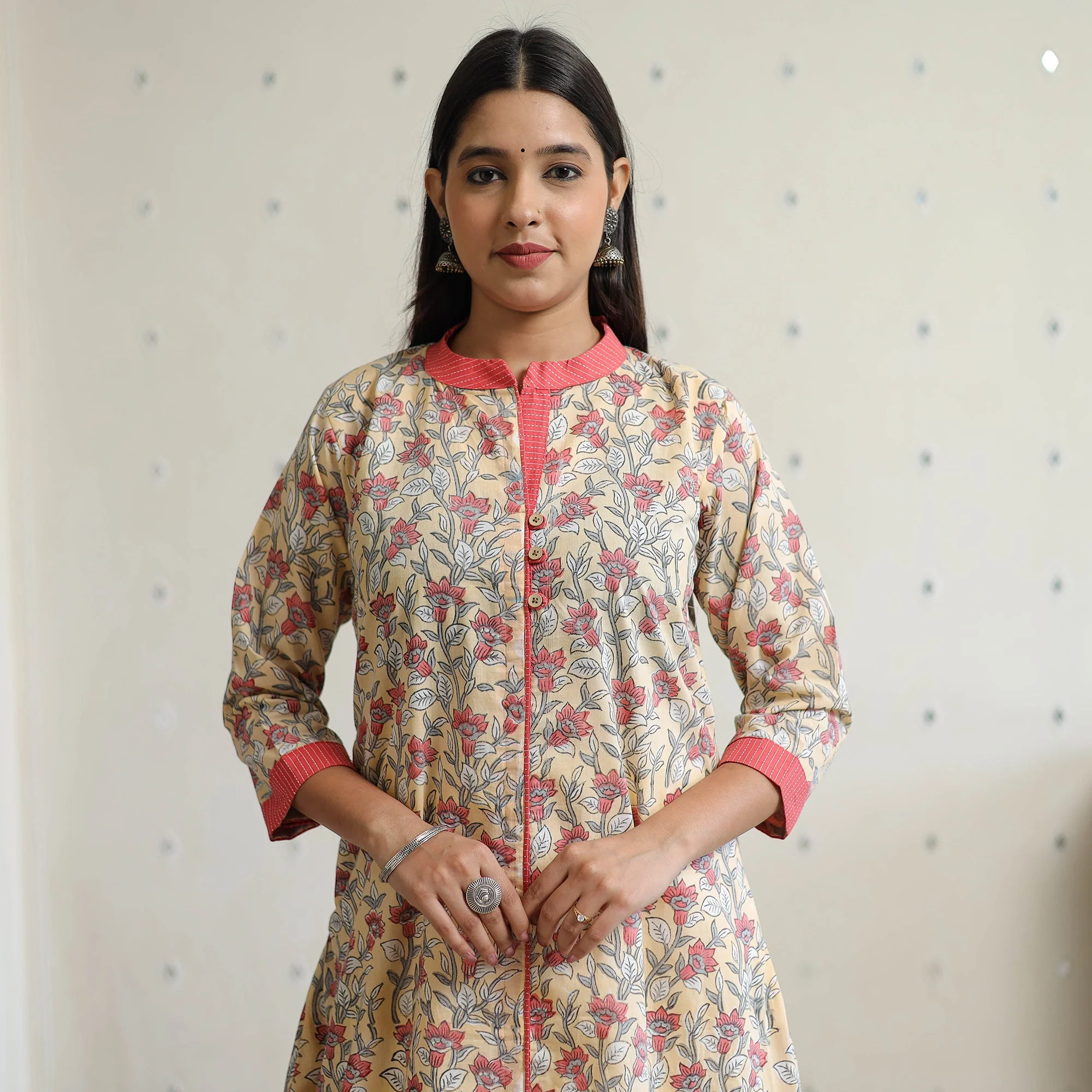 Beige - Sanganeri Block Printed Cotton A-Line Kurta 39