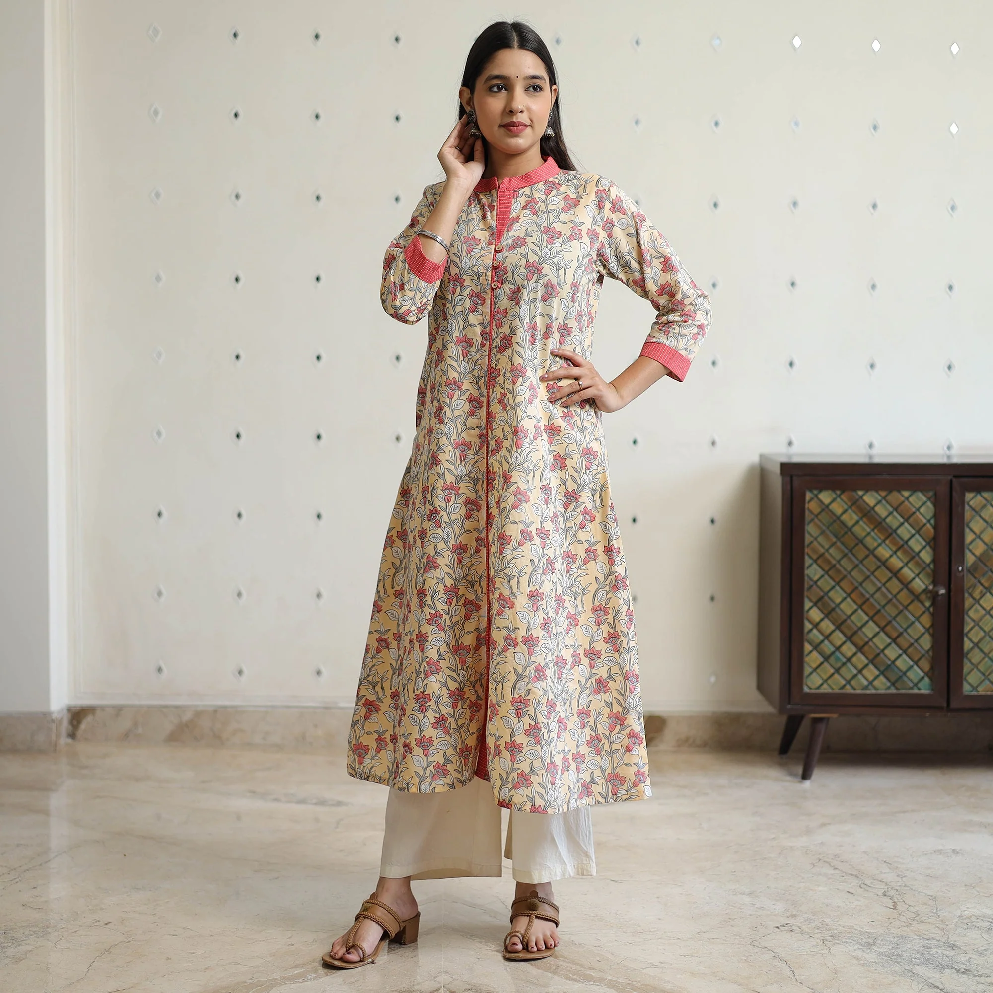 Beige - Sanganeri Block Printed Cotton A-Line Kurta 39 - Image 2