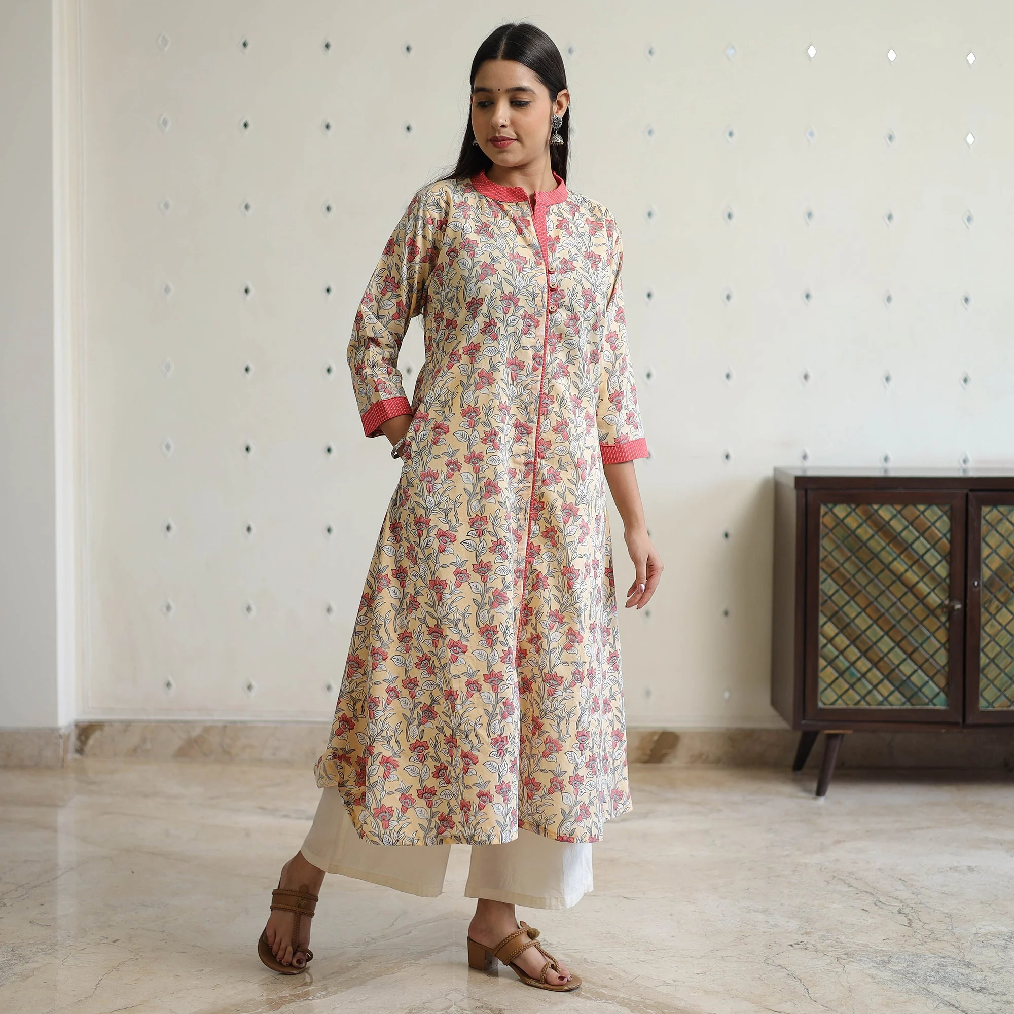 Beige - Sanganeri Block Printed Cotton A-Line Kurta 39 - Image 3