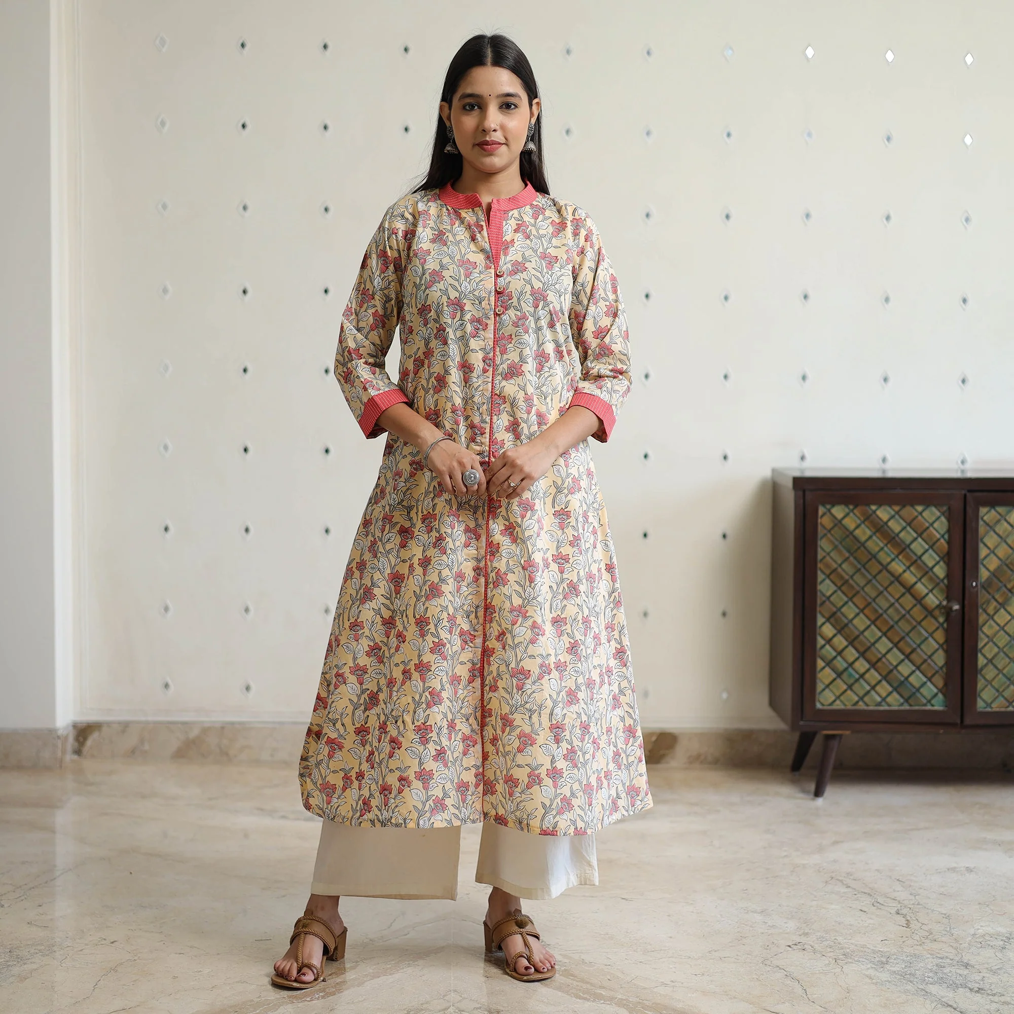 Beige - Sanganeri Block Printed Cotton A-Line Kurta 39 - Image 4