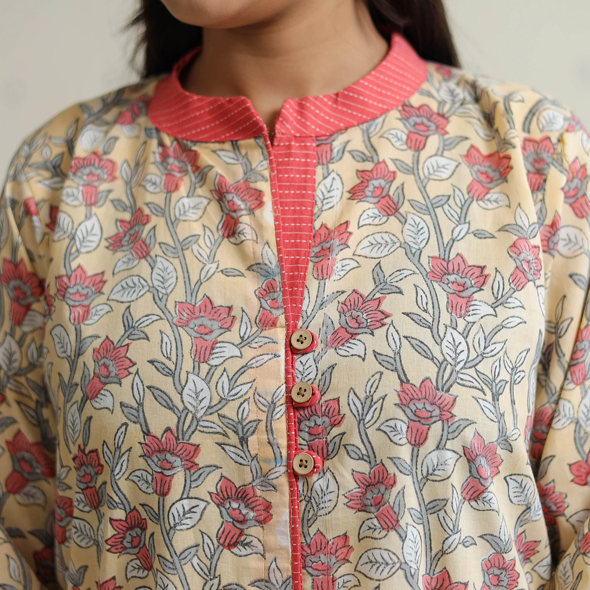 Beige - Sanganeri Block Printed Cotton A-Line Kurta 39 - Image 5