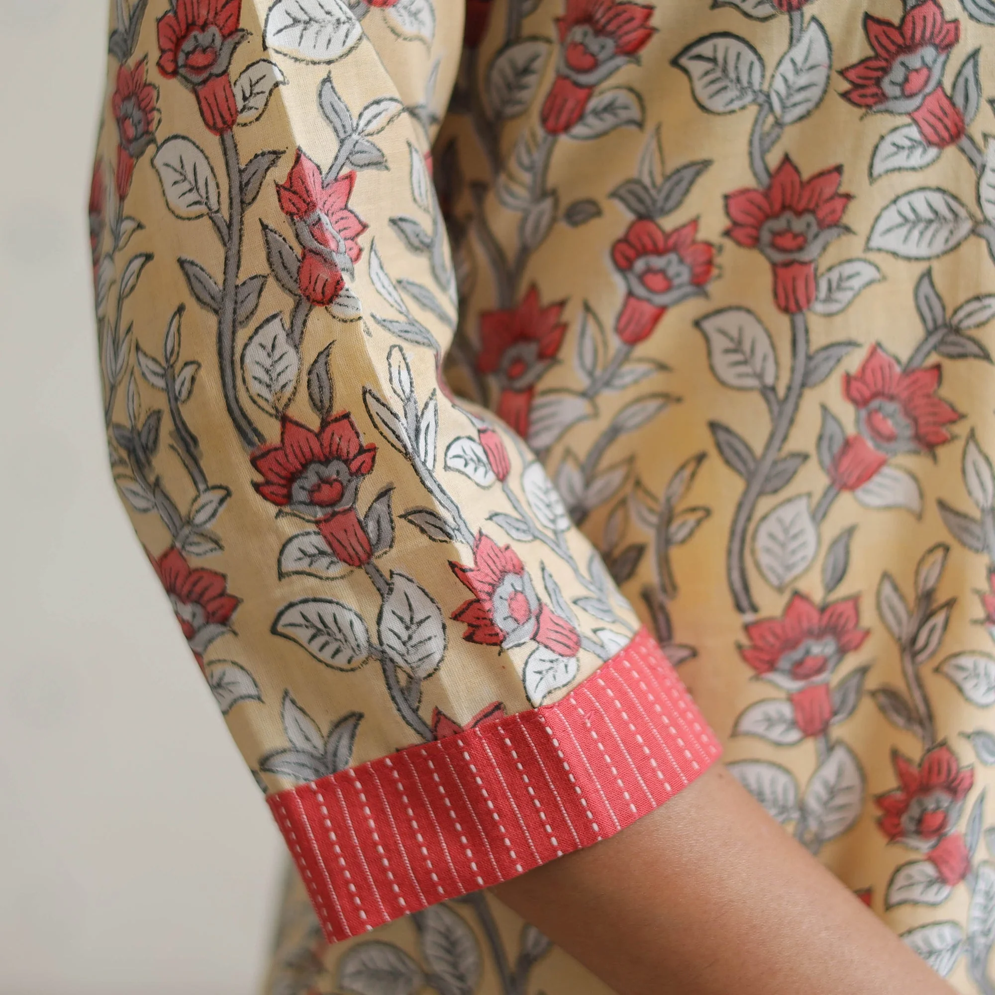 Beige - Sanganeri Block Printed Cotton A-Line Kurta 39 - Image 6