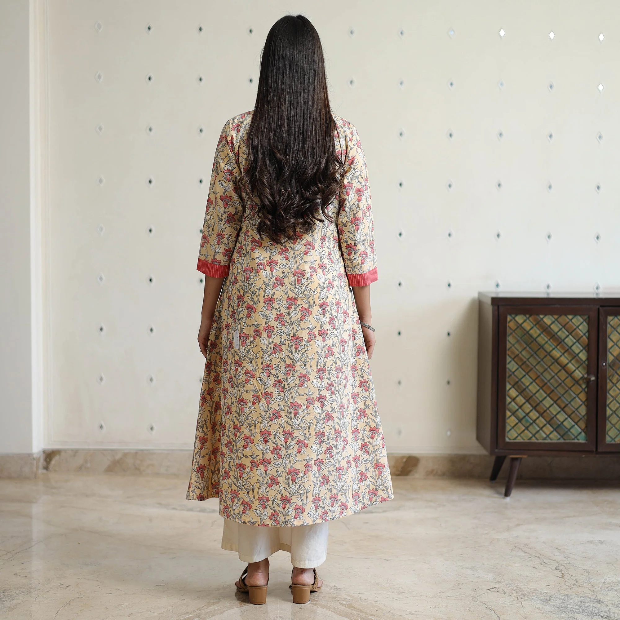Beige - Sanganeri Block Printed Cotton A-Line Kurta 39 - Image 7