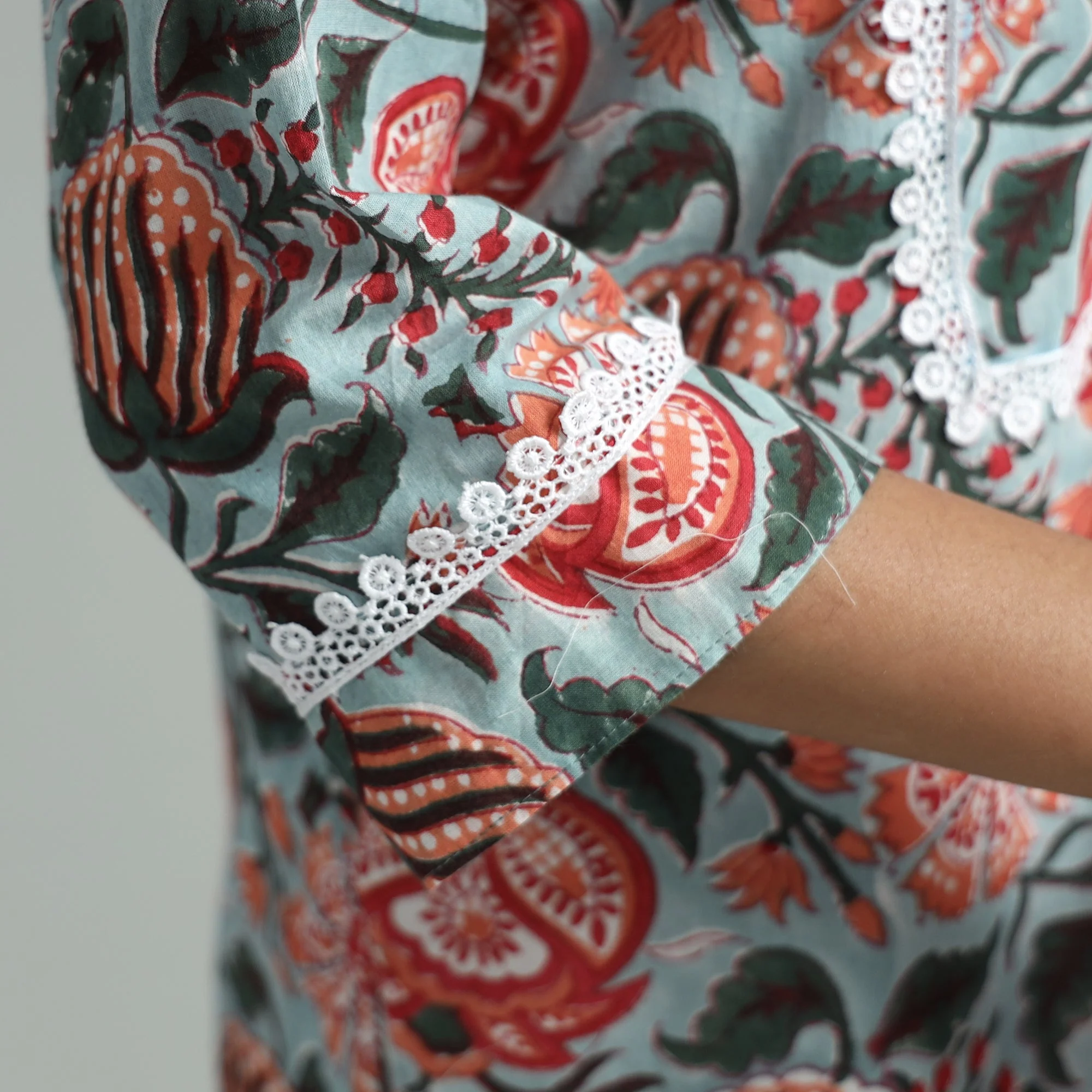 Sky Blue - Sanganeri Block Printed Cotton Straight Kurta With Lace Work - Image 5